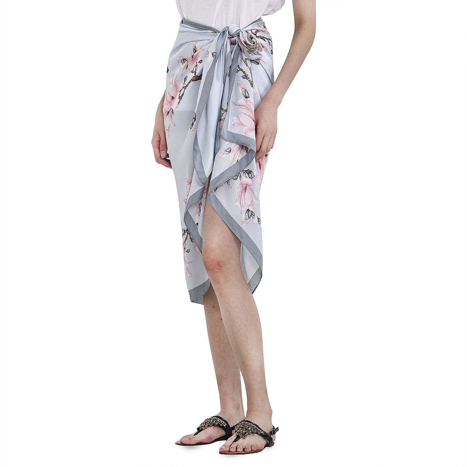 Super Soft Large Satin Floral Pattern Sarong-Scarf (Size 180x87 cm) - Pink - White
