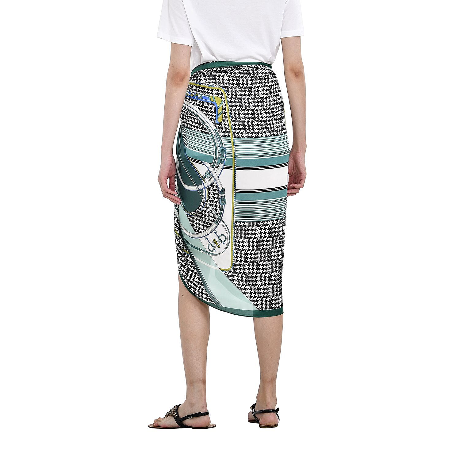 Super Soft Large Satin Italian Print Sarong-Scarf (Size 174x87 cm) - Black & Green