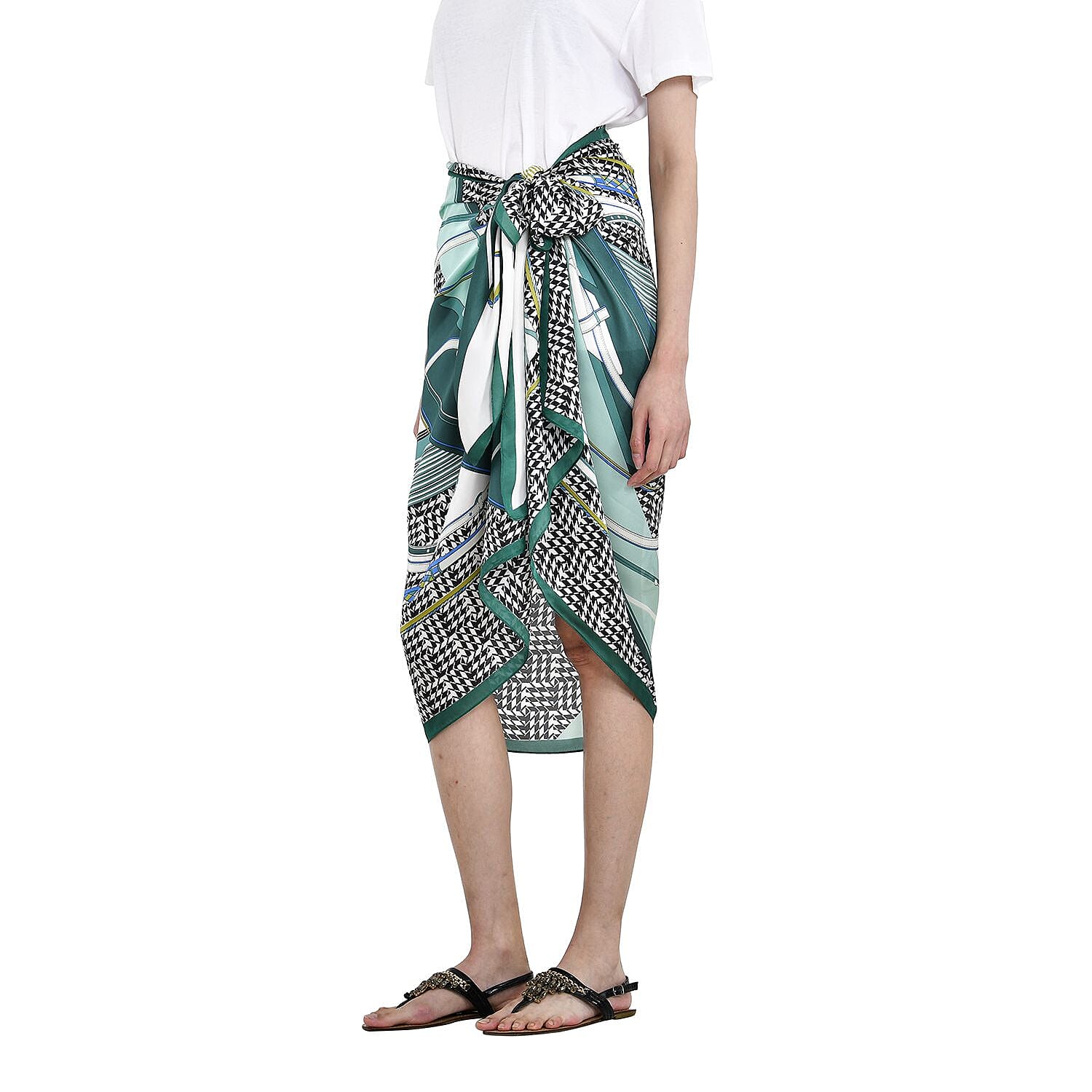 Super Soft Large Satin Italian Print Sarong-Scarf (Size 174x87 cm) - Black & Green