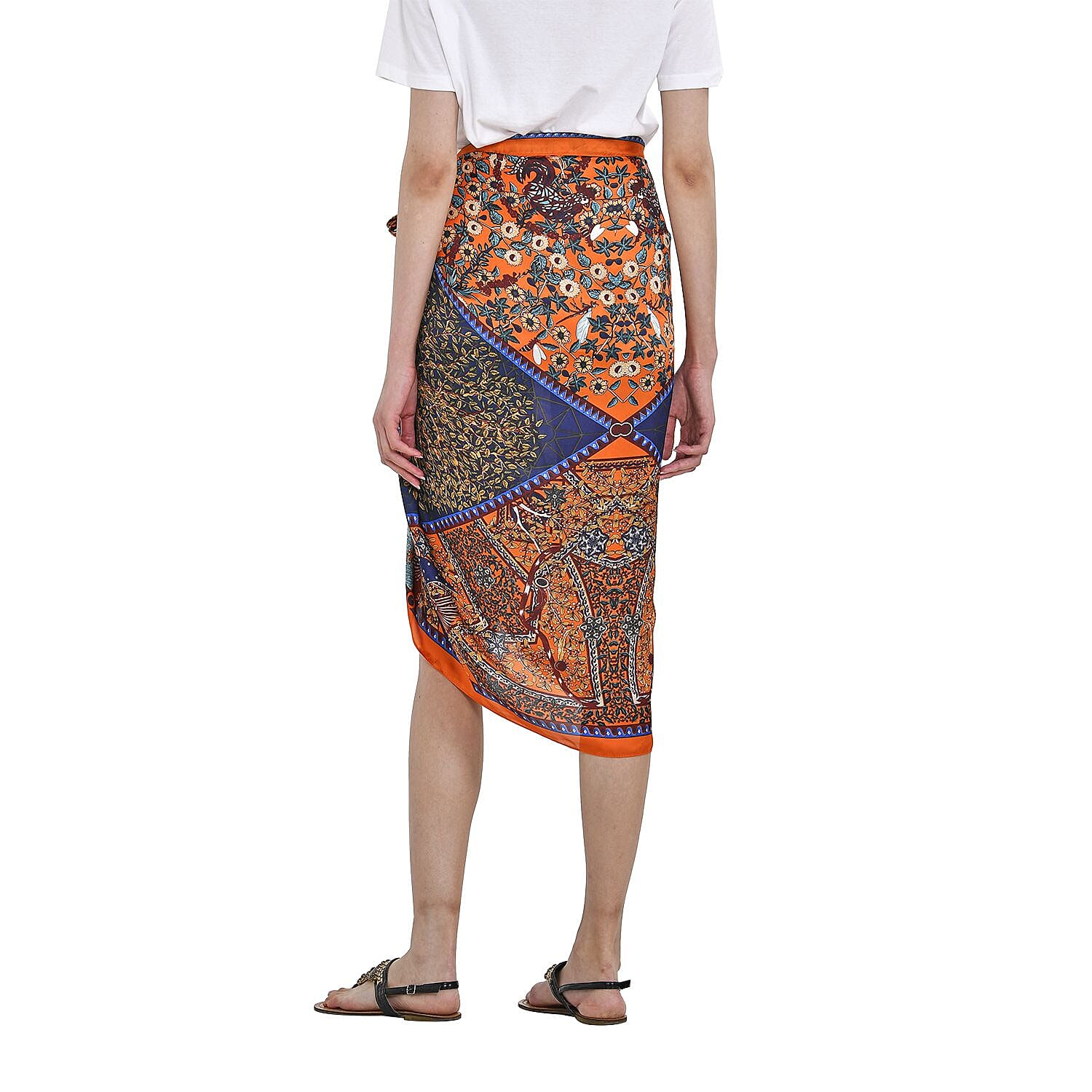 Super Soft Large Satin Swirl Print Sarong-Scarf (Size 180x90 cm) - Blue & Orange