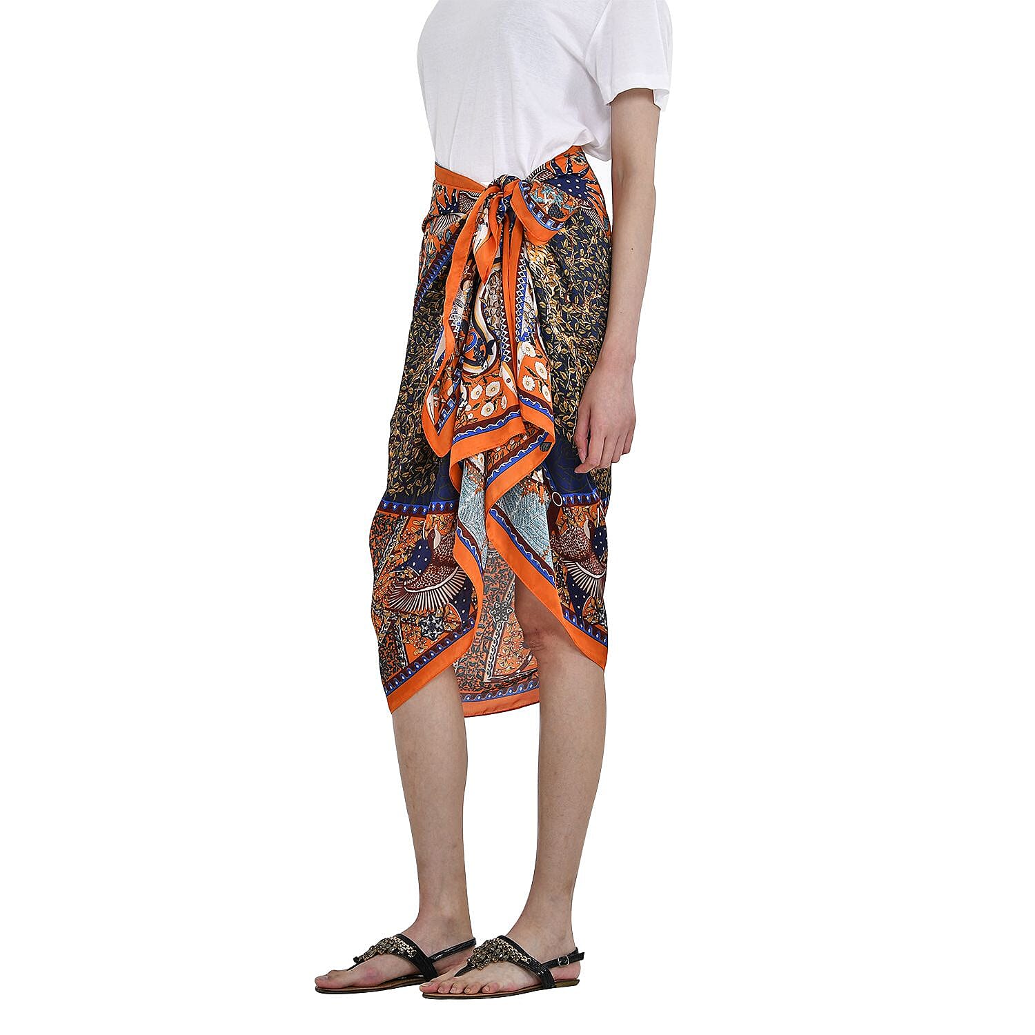 Super Soft Large Satin Swirl Print Sarong-Scarf (Size 180x90 cm) - Blue & Orange