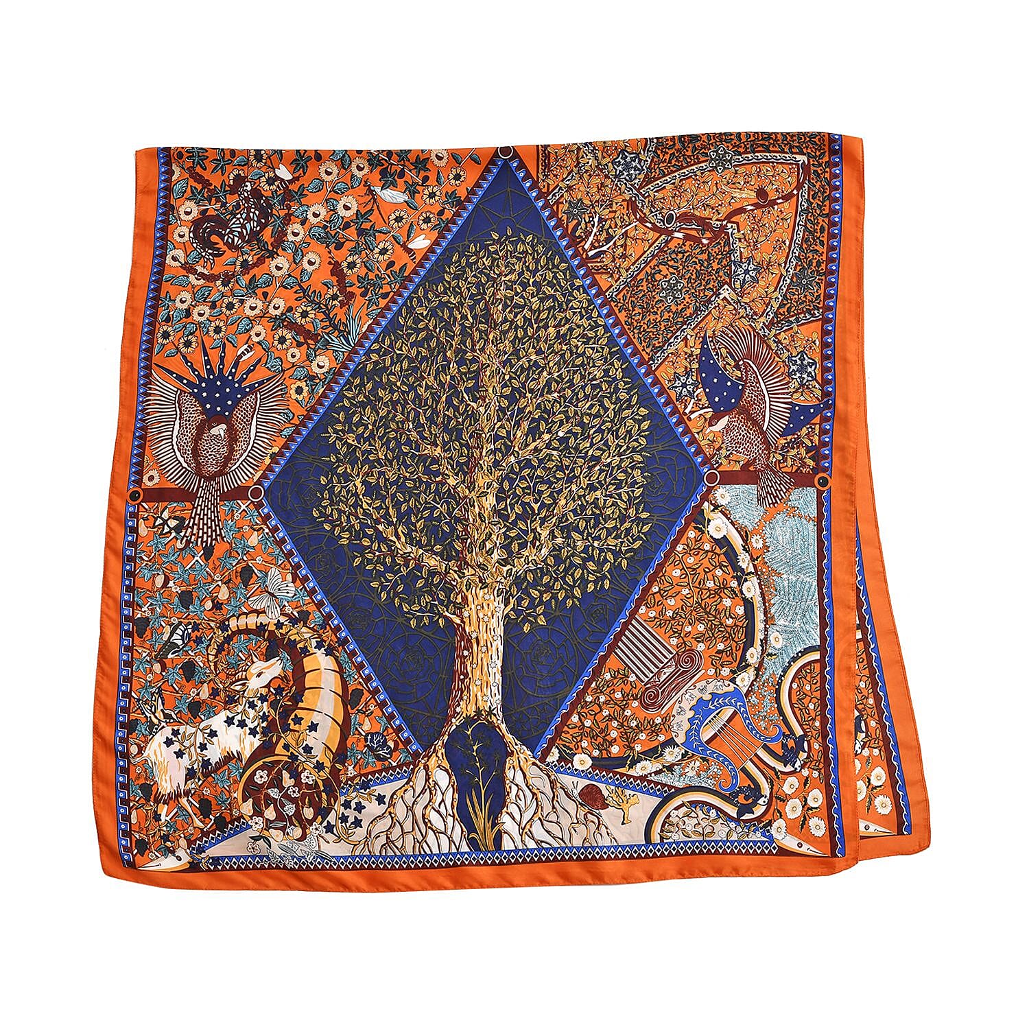 Super Soft Large Satin Swirl Print Sarong-Scarf (Size 180x90 cm) - Blue & Orange