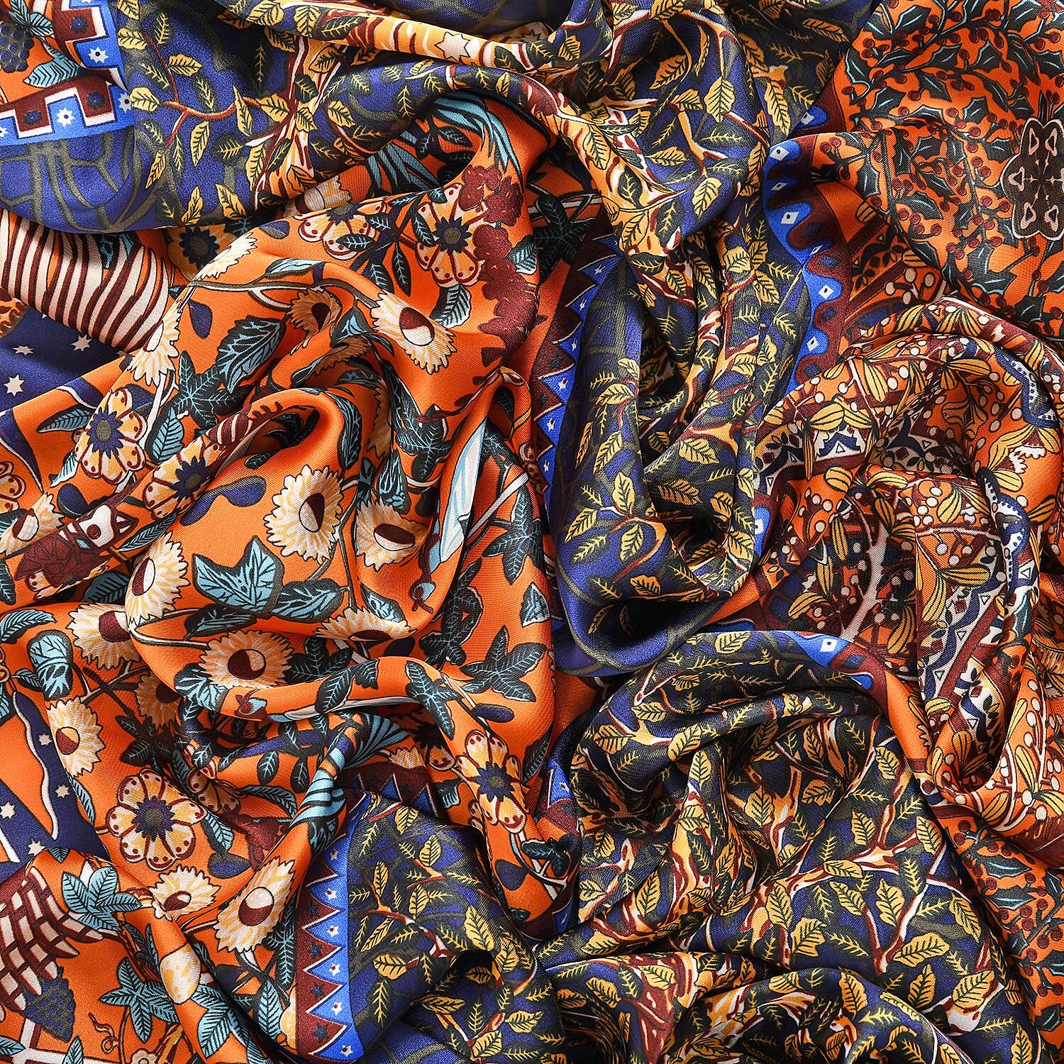 Super Soft Large Satin Swirl Print Sarong-Scarf (Size 180x90 cm) - Blue & Orange