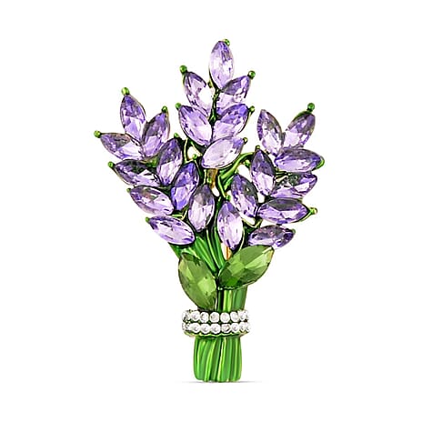 Simulated Green & Purple Sapphire (Marquee) & White Austrian Crystal Leaf Motifs Green Enamelled Brooch in Yellow Gold Tone