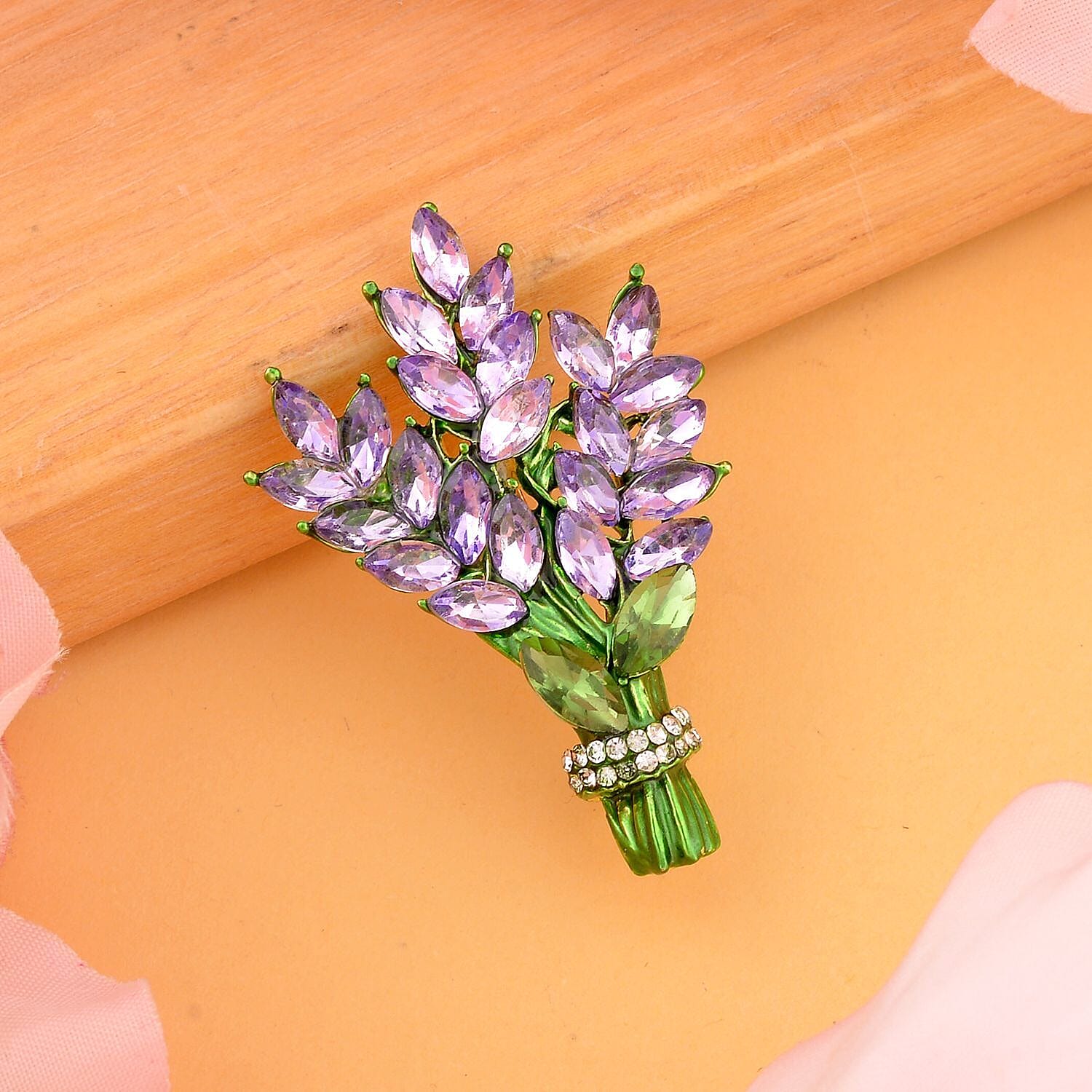 Simulated Green & Purple Sapphire (Marquee) & White Austrian Crystal Leaf Motifs Green Enamelled Brooch in Yellow Gold Tone