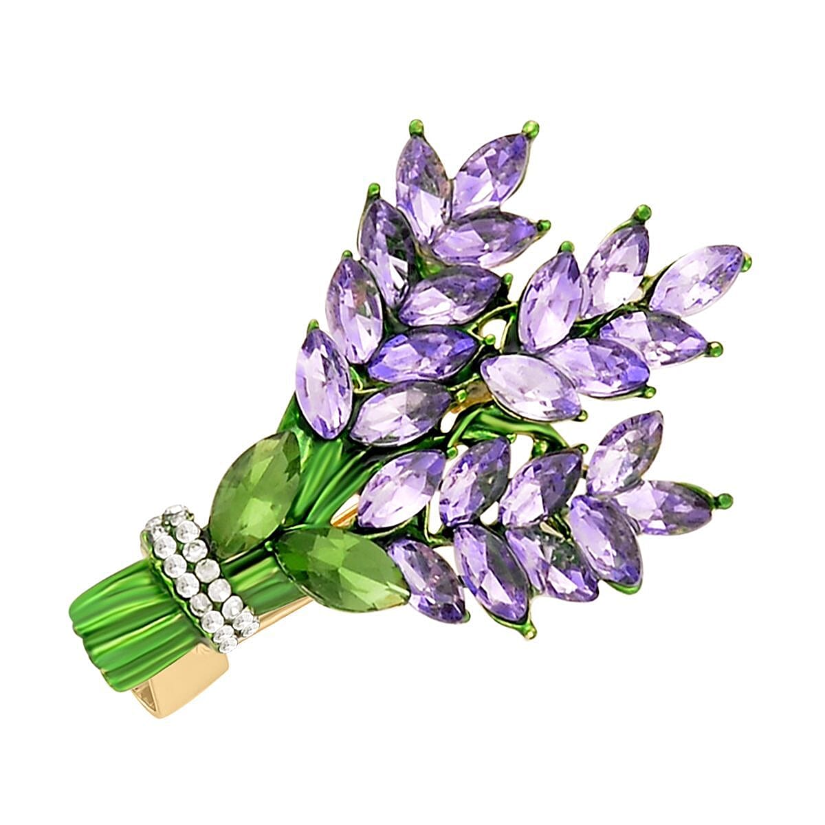 Simulated Green & Purple Sapphire (Marquee) & White Austrian Crystal Leaf Motifs Green Enamelled Brooch in Yellow Gold Tone