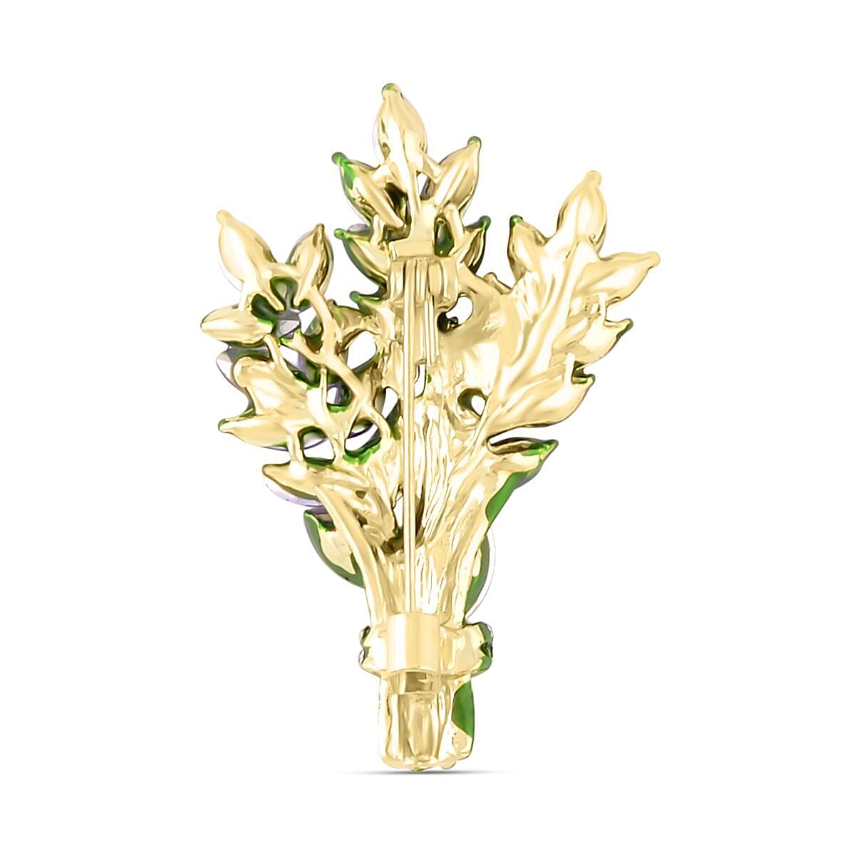 Simulated Green & Purple Sapphire (Marquee) & White Austrian Crystal Leaf Motifs Green Enamelled Brooch in Yellow Gold Tone