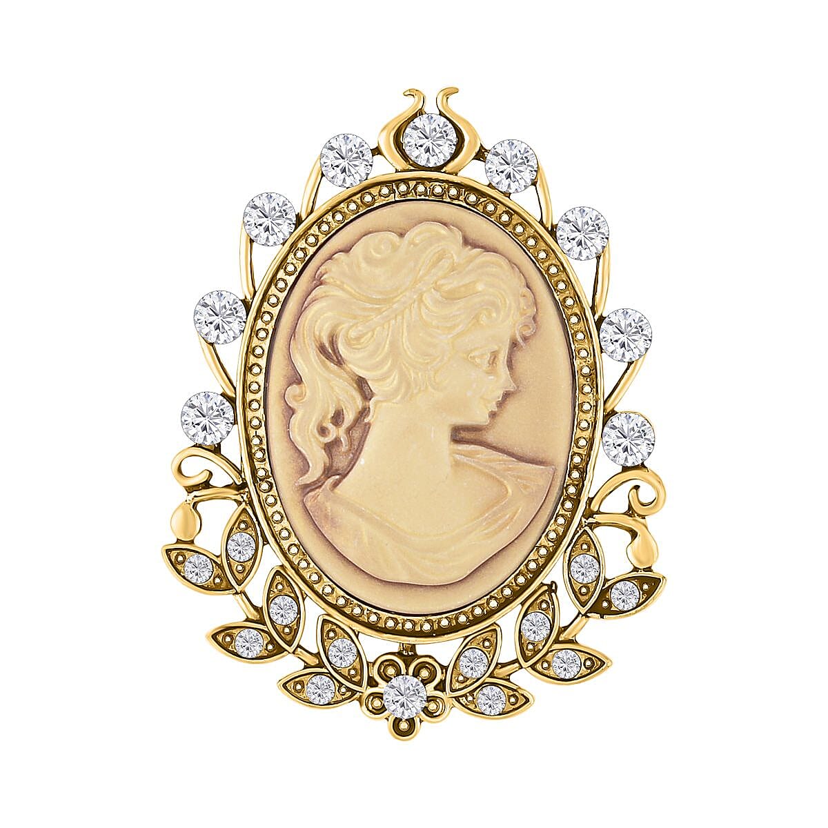 Brown Cameo & White Crystal Brooch in Yellow Gold Tone 10.01 Ct.