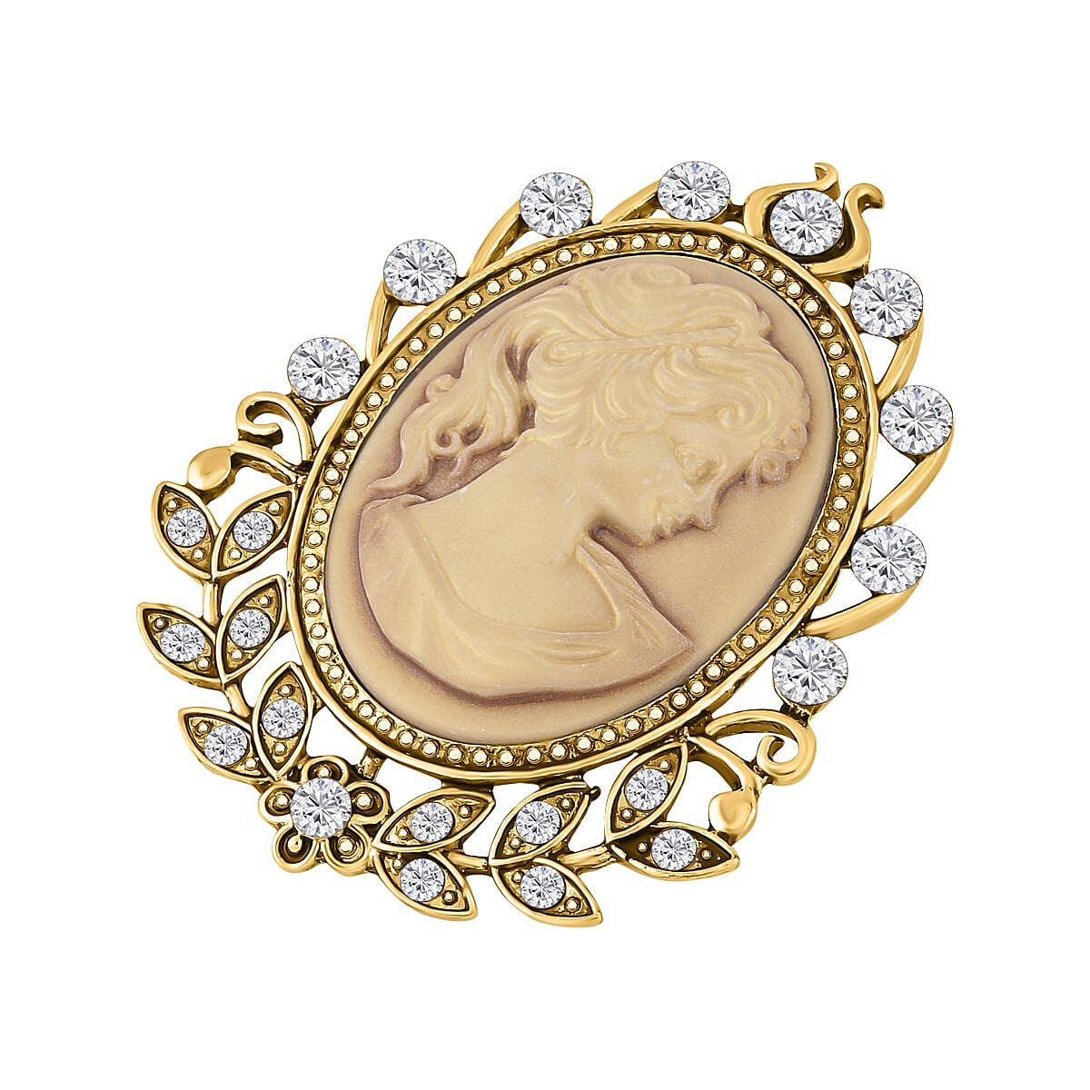 Brown Cameo & White Crystal Brooch in Yellow Gold Tone 10.01 Ct.
