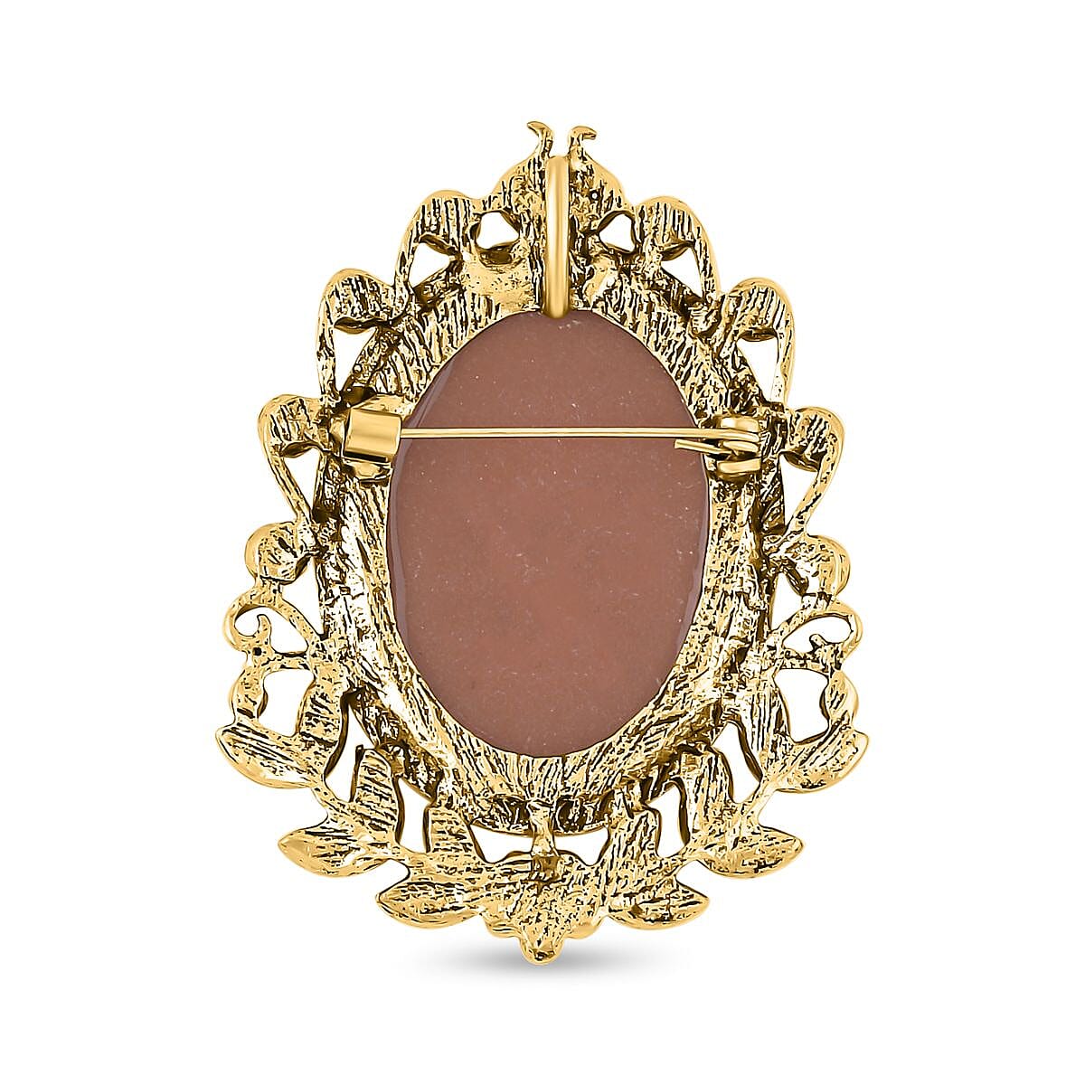 Brown Cameo & White Crystal Brooch in Yellow Gold Tone 10.01 Ct.