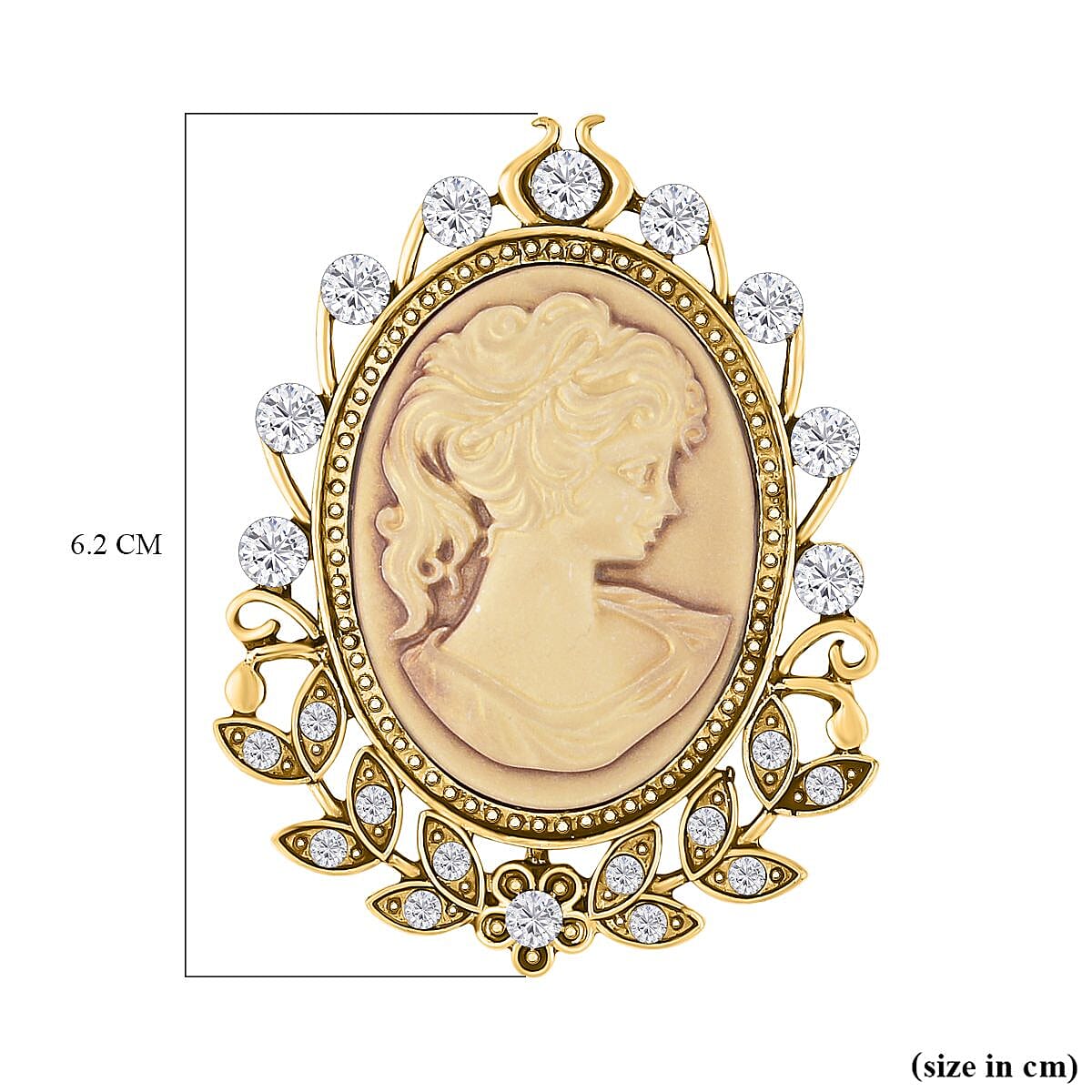 Brown Cameo & White Crystal Brooch in Yellow Gold Tone 10.01 Ct.