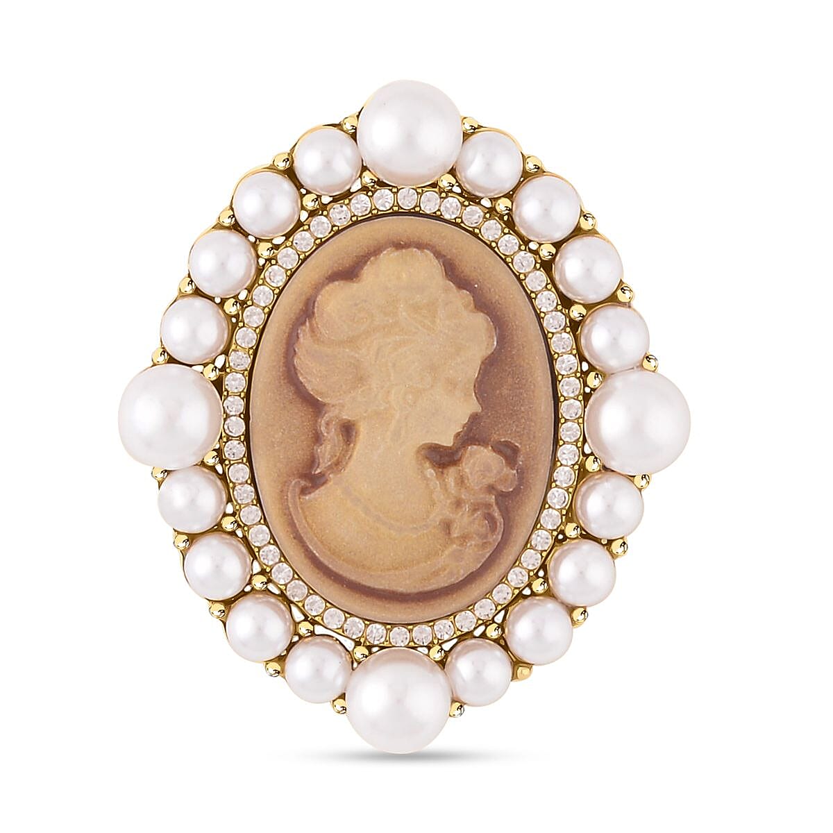 Cameo, White Austrian Crystal and Simulated Pearl Brooch in Yellow Gold Tone
