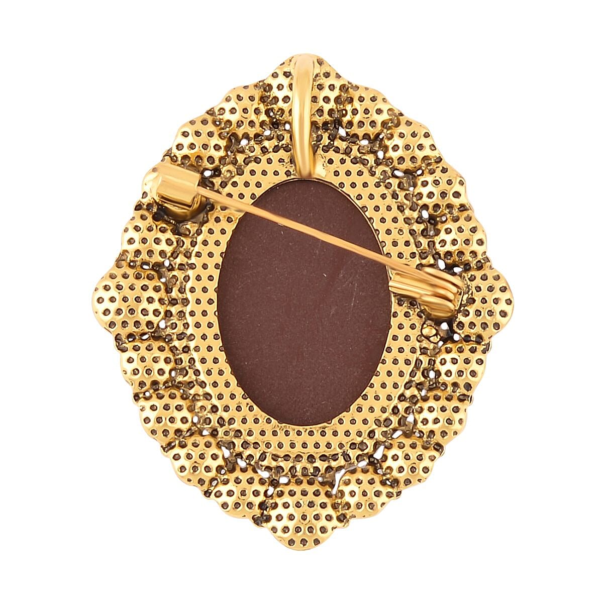 Cameo, White Austrian Crystal and Simulated Pearl Brooch in Yellow Gold Tone