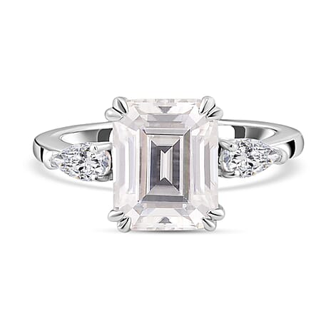 Moissanite Trilogy Ring in Rhodium Overlay Sterling Silver 3.92 Ct