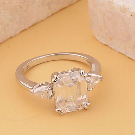 Moissanite Trilogy Ring in Rhodium Overlay Sterling Silver 3.92 Ct