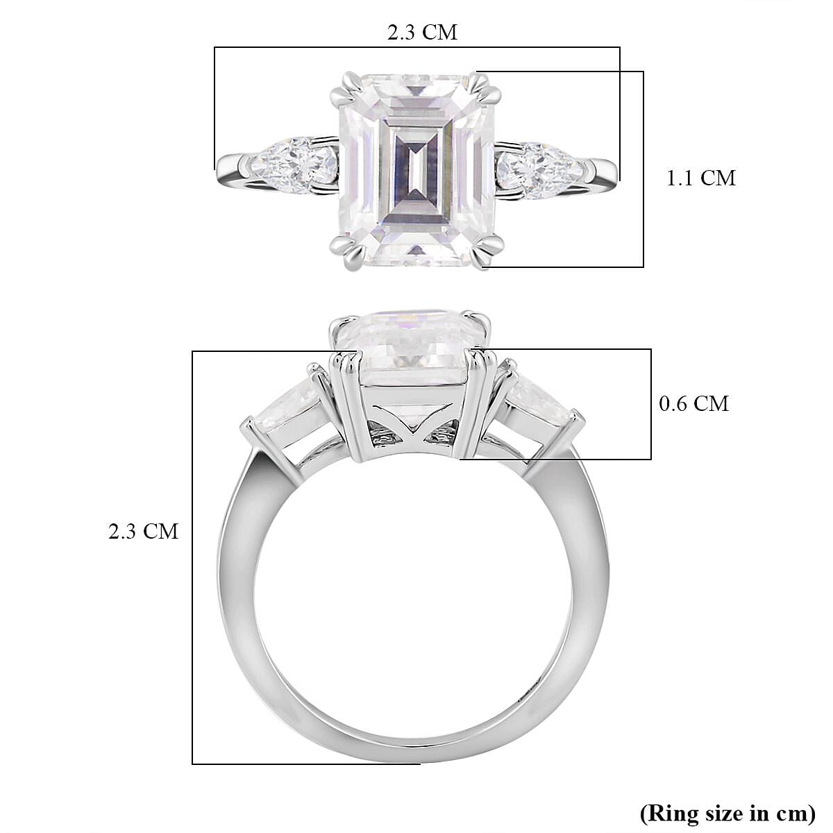 Moissanite Trilogy Ring in Rhodium Overlay Sterling Silver 3.92 Ct Moissanite Trilogy Ring in Rhodium Overlay Sterling Silver 3.92 Ct