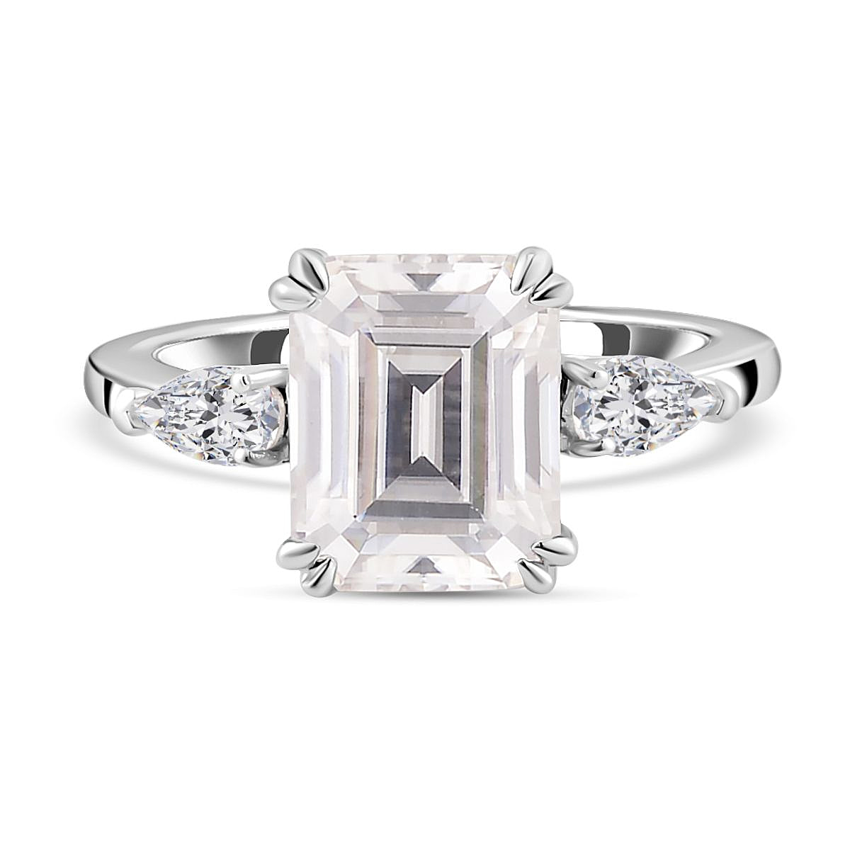 Moissanite Trilogy Ring in Rhodium Overlay Sterling Silver 3.92 Ct