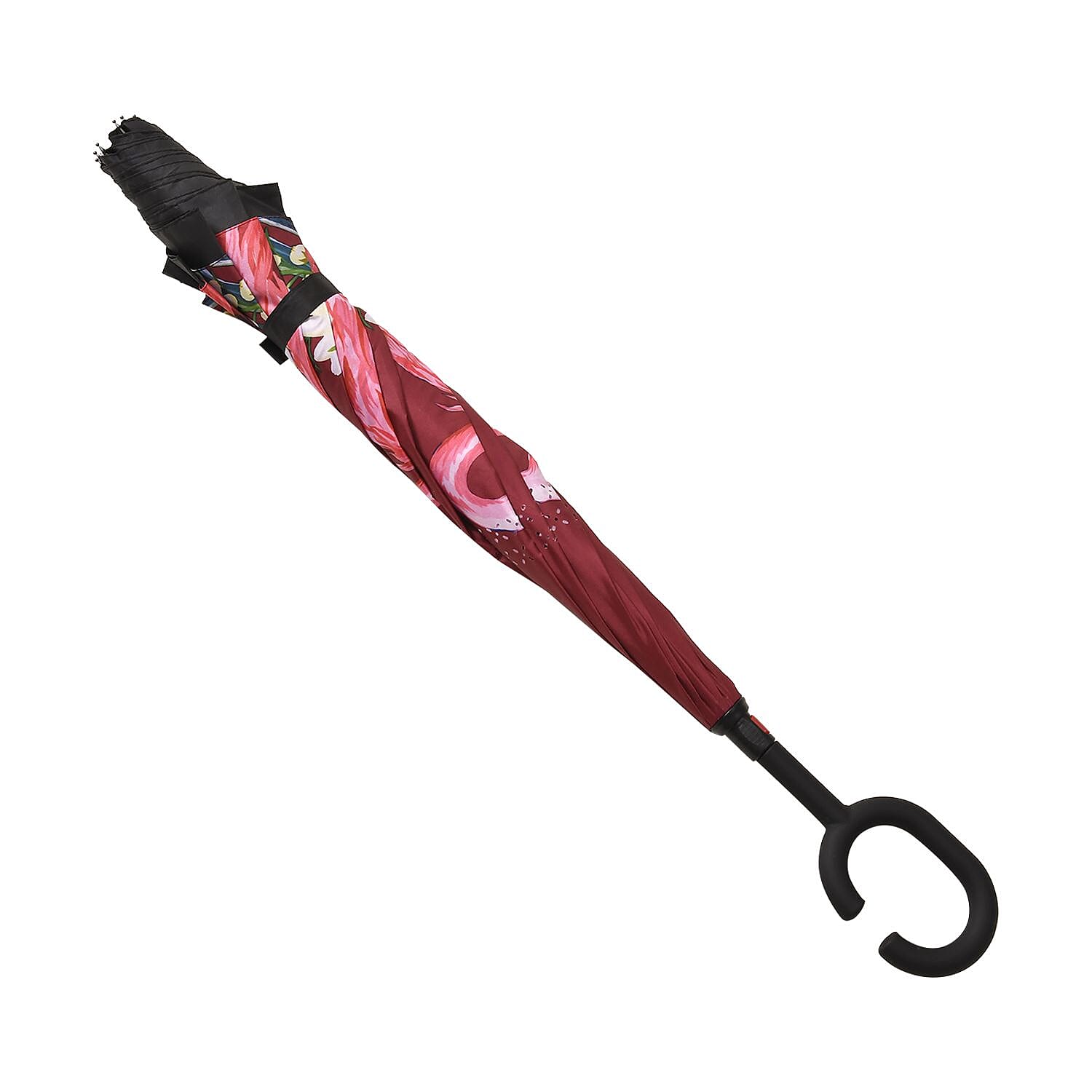 Super Find - Flamingo with Flower Pattern Upside Down Reverse Umbrella with C-Shaped Handle - Wine Red