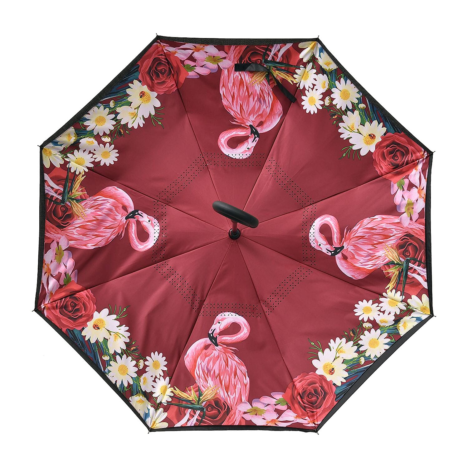 Super Find - Flamingo with Flower Pattern Upside Down Reverse Umbrella with C-Shaped Handle - Wine Red