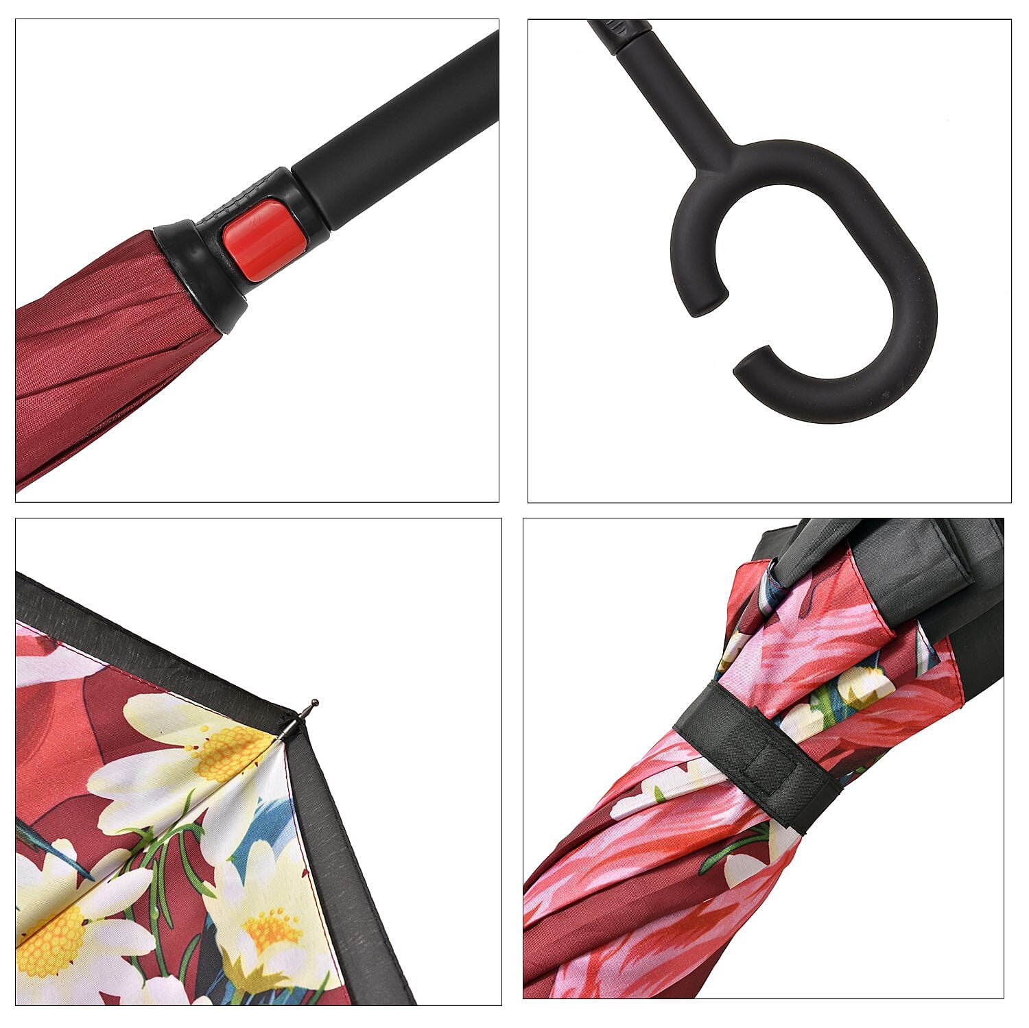 Super Find - Flamingo with Flower Pattern Upside Down Reverse Umbrella with C-Shaped Handle - Wine Red