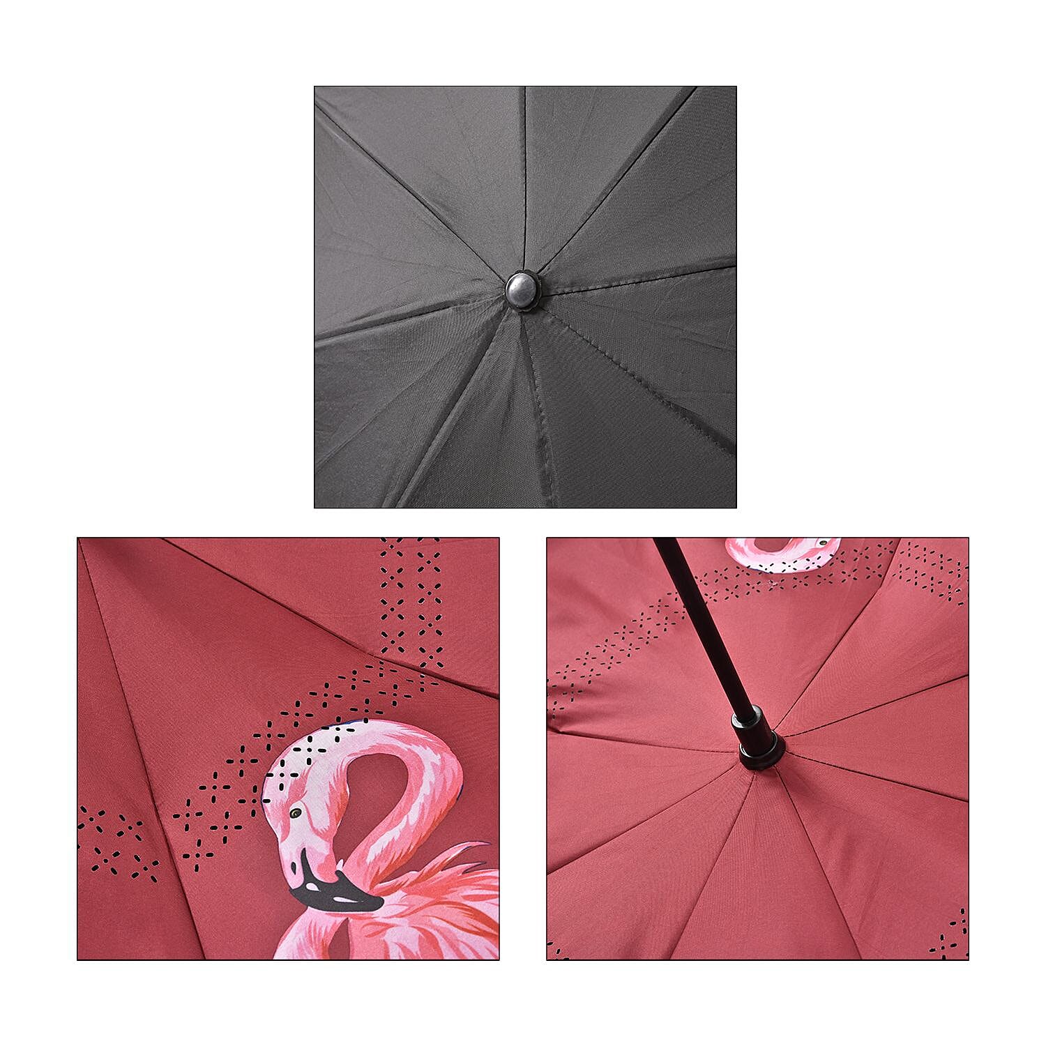 Super Find - Flamingo with Flower Pattern Upside Down Reverse Umbrella with C-Shaped Handle - Wine Red