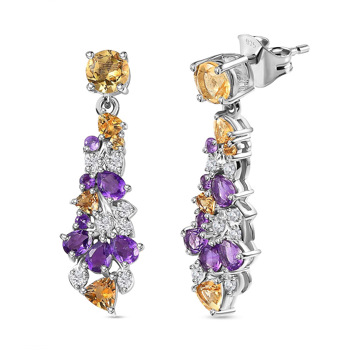 GP Italian Garden Collection - Citrine, Amethyst and Multi Gemstone Dangle Earrings in 18K YG Vermeil and Platinum Plated Sterling Silver 3.46 Ct.