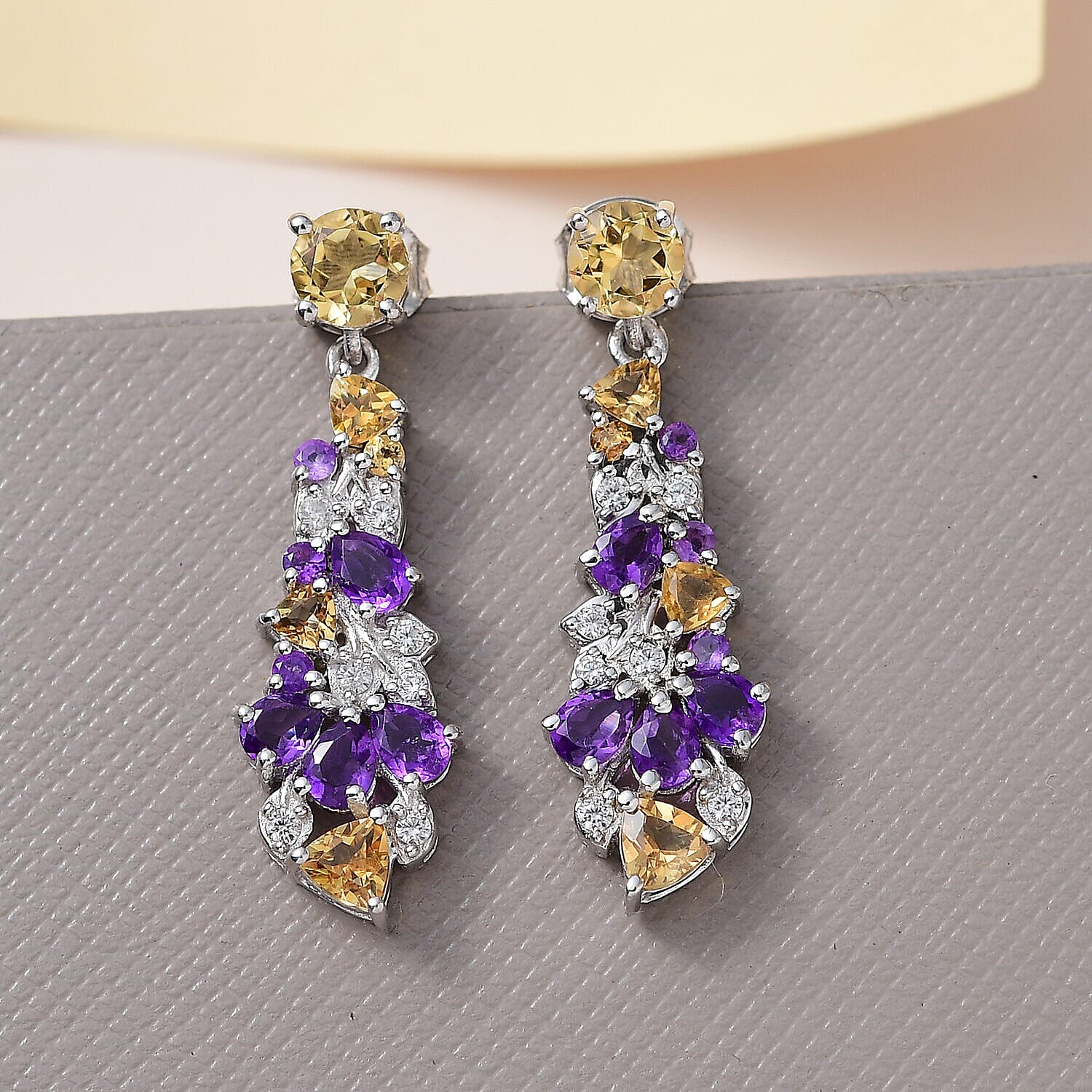 GP Italian Garden Collection - Citrine, Amethyst and Multi Gemstone Dangle Earrings in 18K YG Vermeil and Platinum Plated Sterling Silver 3.46 Ct.