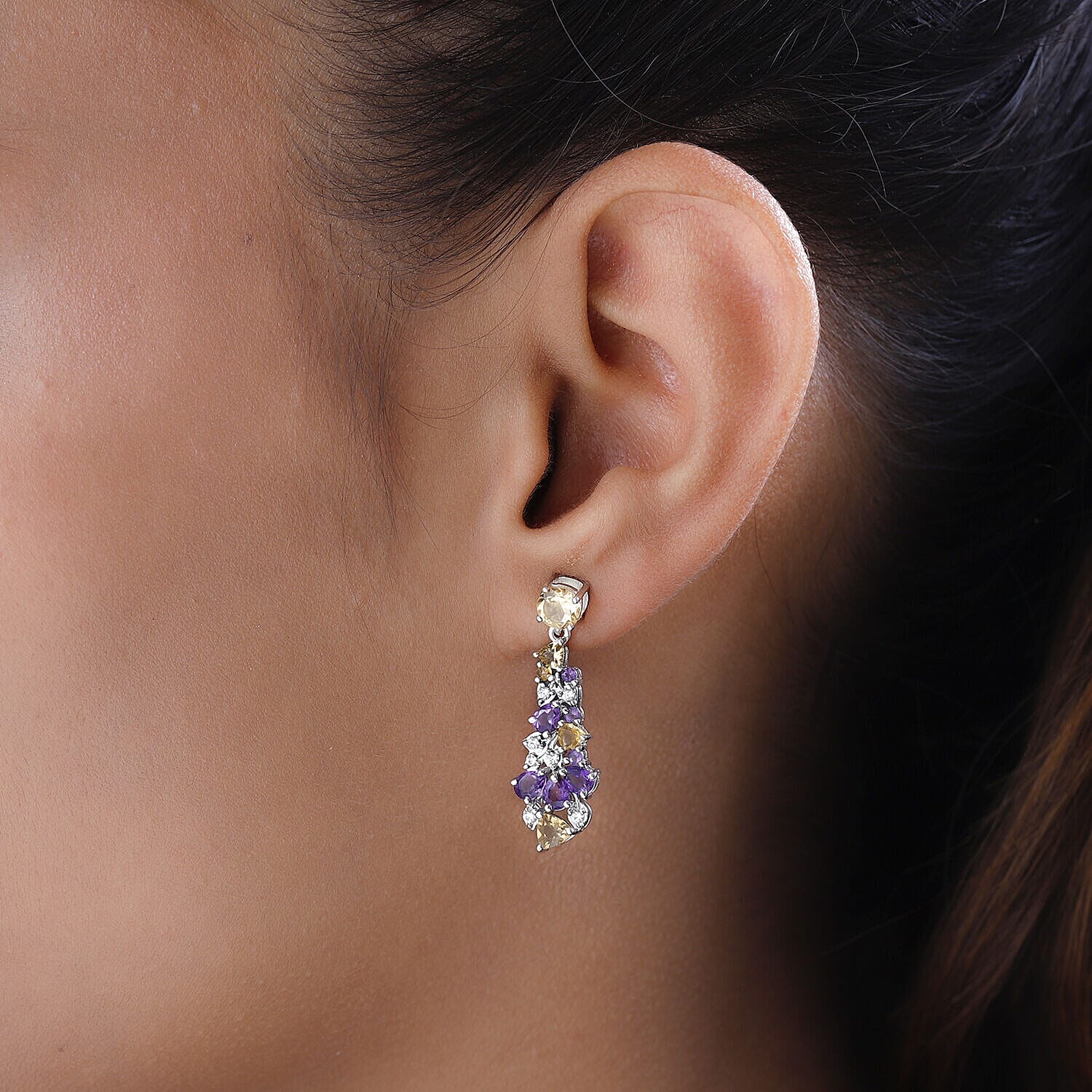 GP Italian Garden Collection - Citrine, Amethyst and Multi Gemstone Dangle Earrings in 18K YG Vermeil and Platinum Plated Sterling Silver 3.46 Ct.