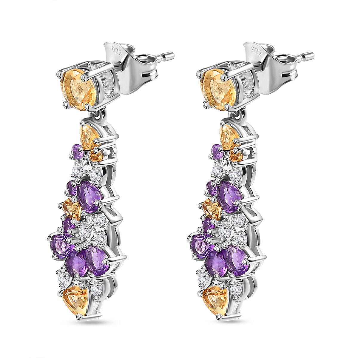 GP Italian Garden Collection - Citrine, Amethyst and Multi Gemstone Dangle Earrings in 18K YG Vermeil and Platinum Plated Sterling Silver 3.46 Ct.