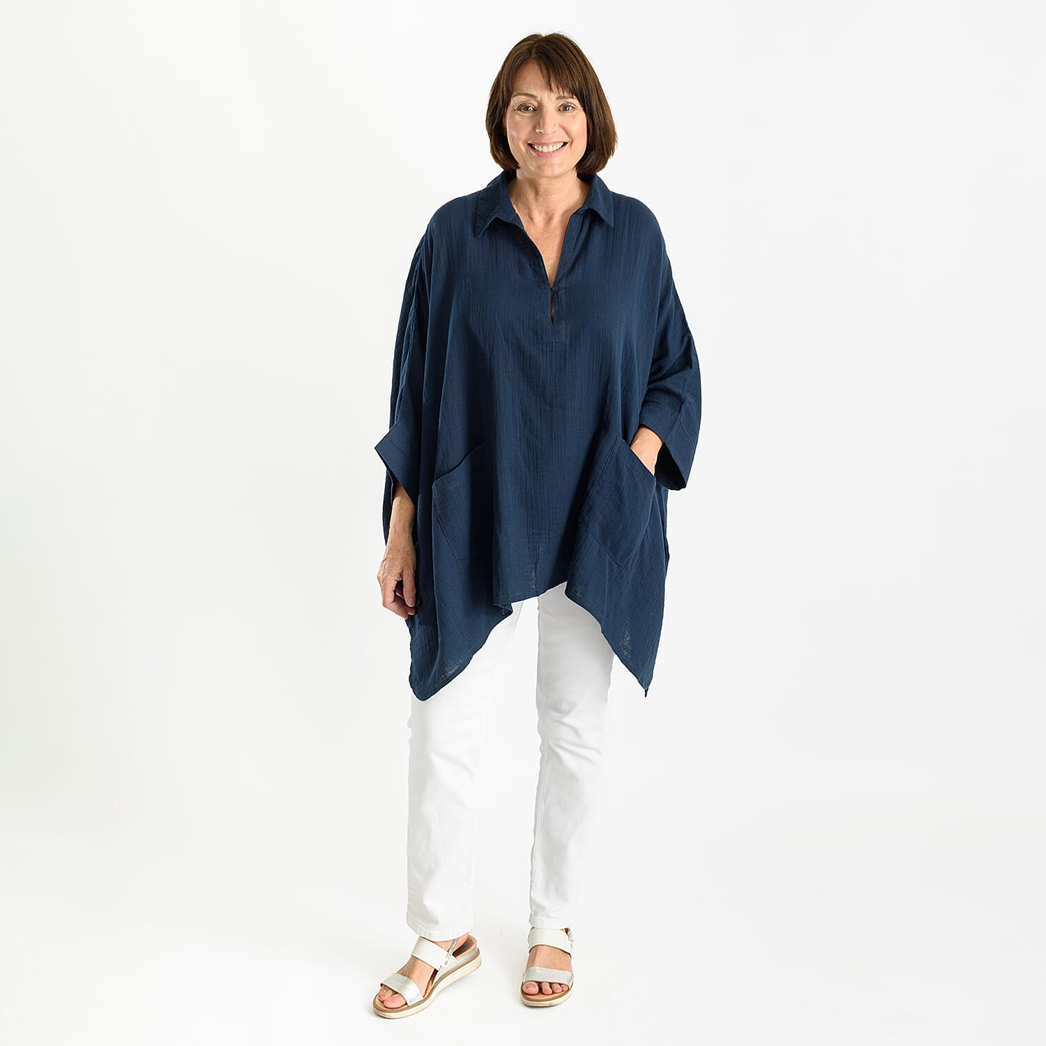 Tamsy 100% Cotton Oversized Top with Pockets (One Size) - Navy