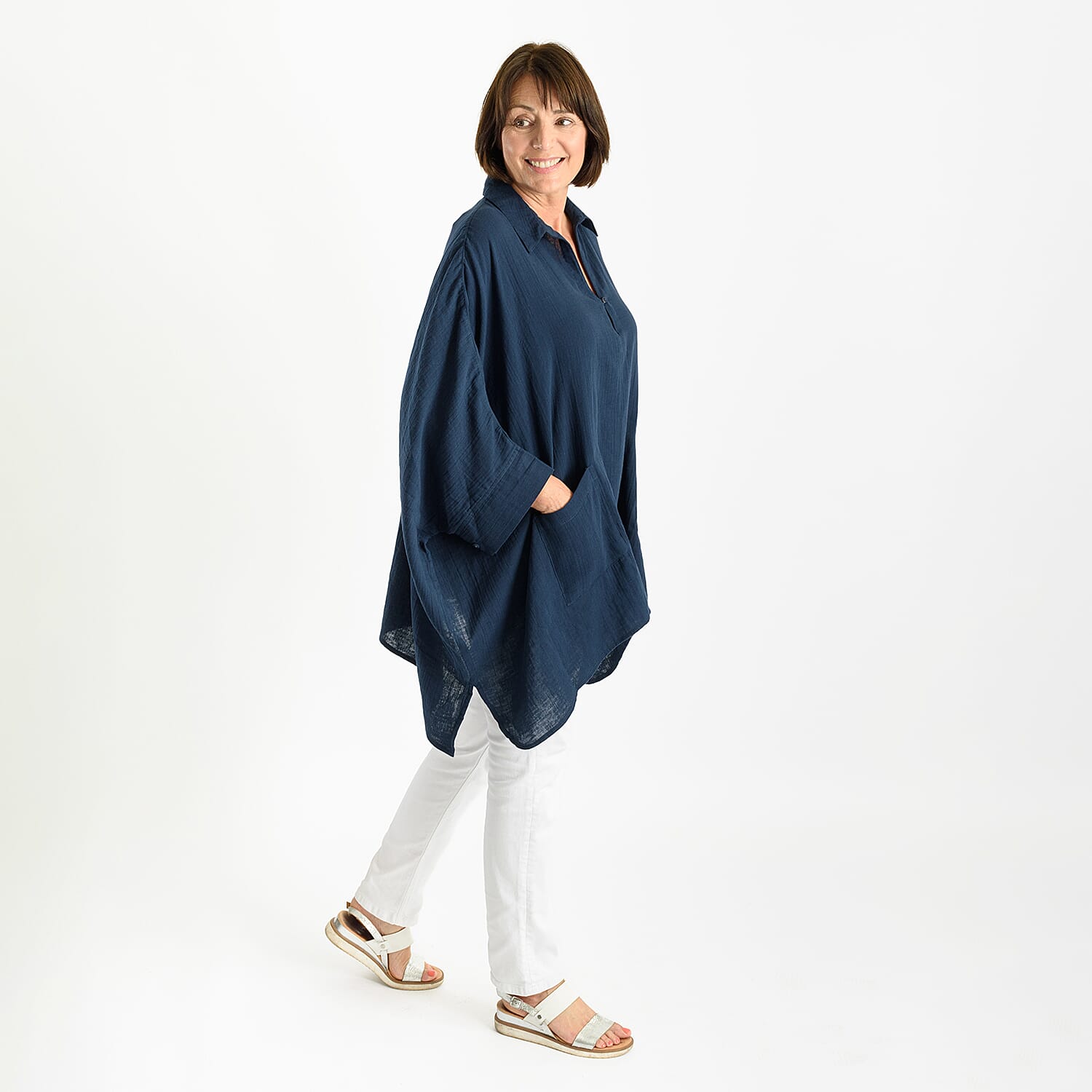Tamsy 100% Cotton Oversized Top with Pockets (One Size) - Navy