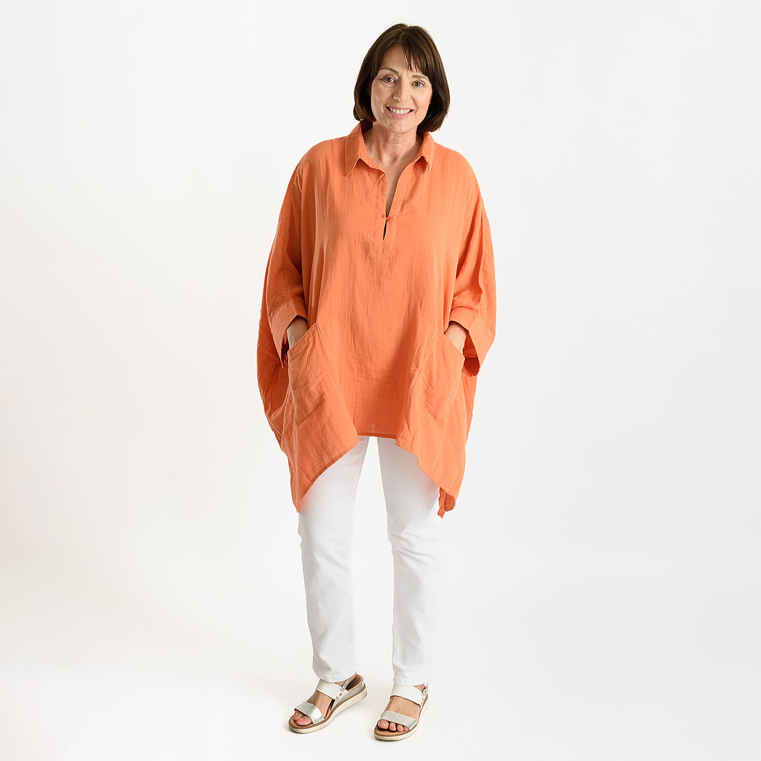 Tamsy 100% Cotton Oversized Top with Pockets (One Size) - Pale Orange