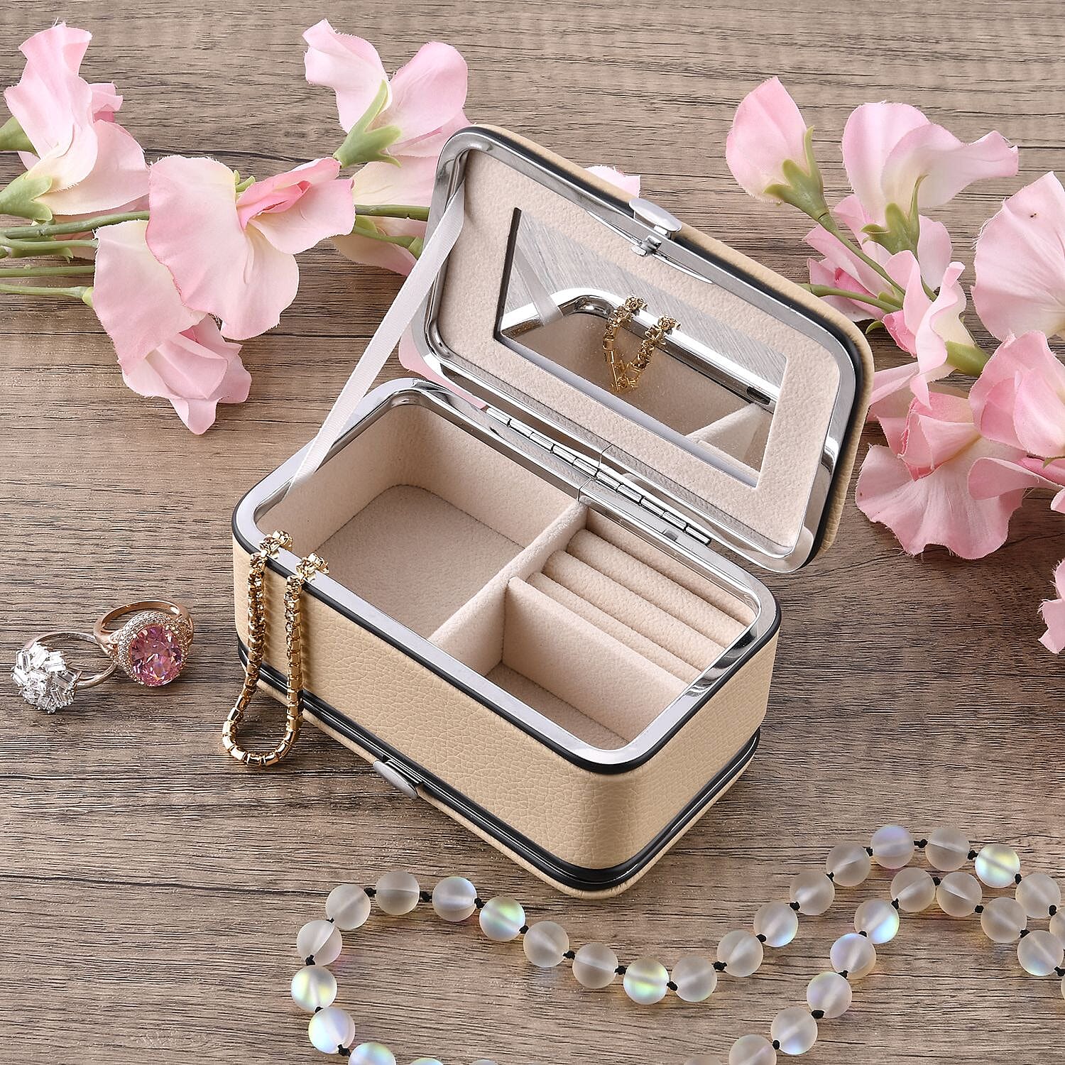 Jewellery Organizer with 6 Manicure Set and 1 Crystal Studded Bracelet (Size 7.50) - Beige