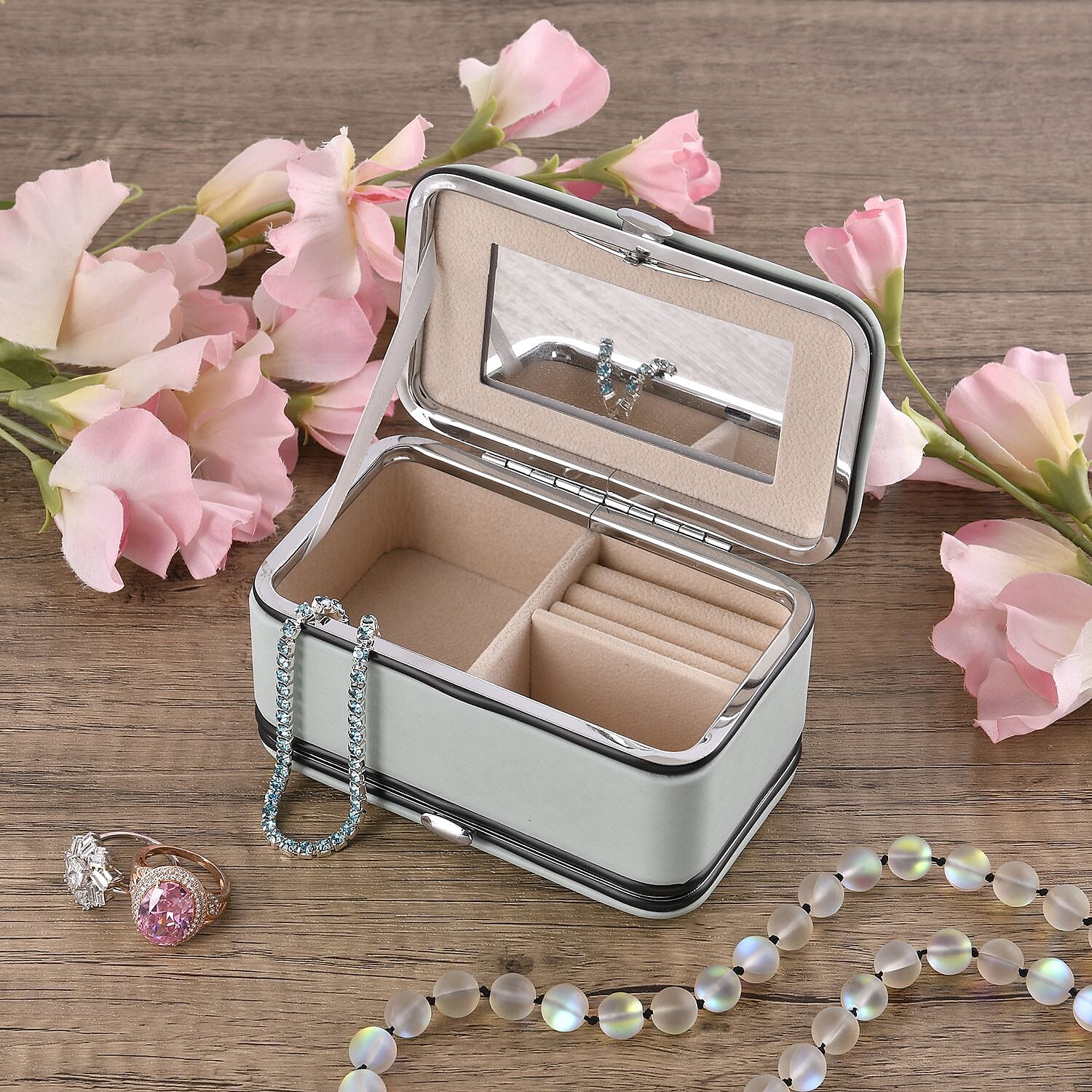 Jewellery Organizer with 6 Manicure Set and 1 Crystal Studded Bracelet (Size 7.5 cm) - Blue