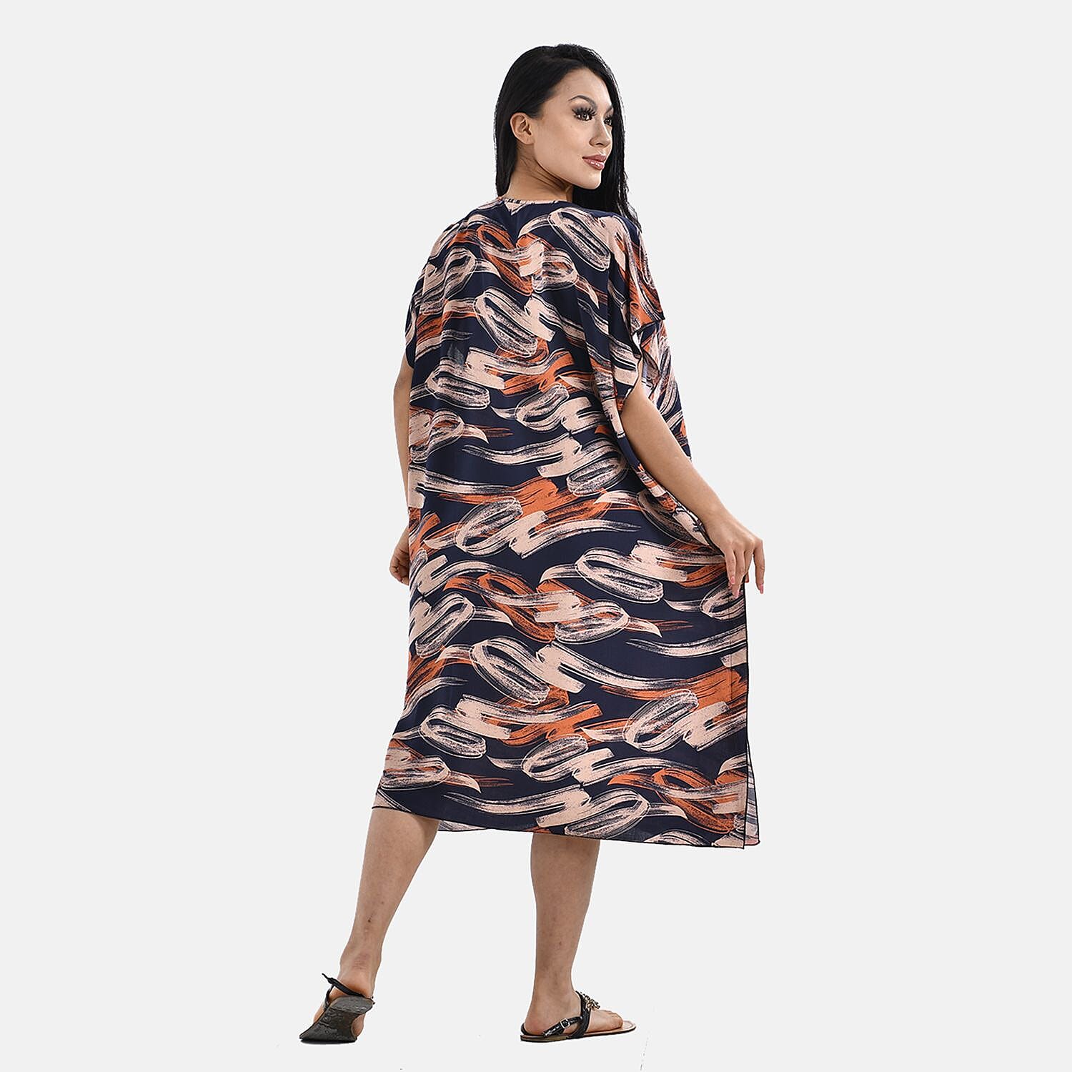 Closeout Deal 100% Viscose Printed Maxi Dress (One Size, 8-20)  - Navy and Camel