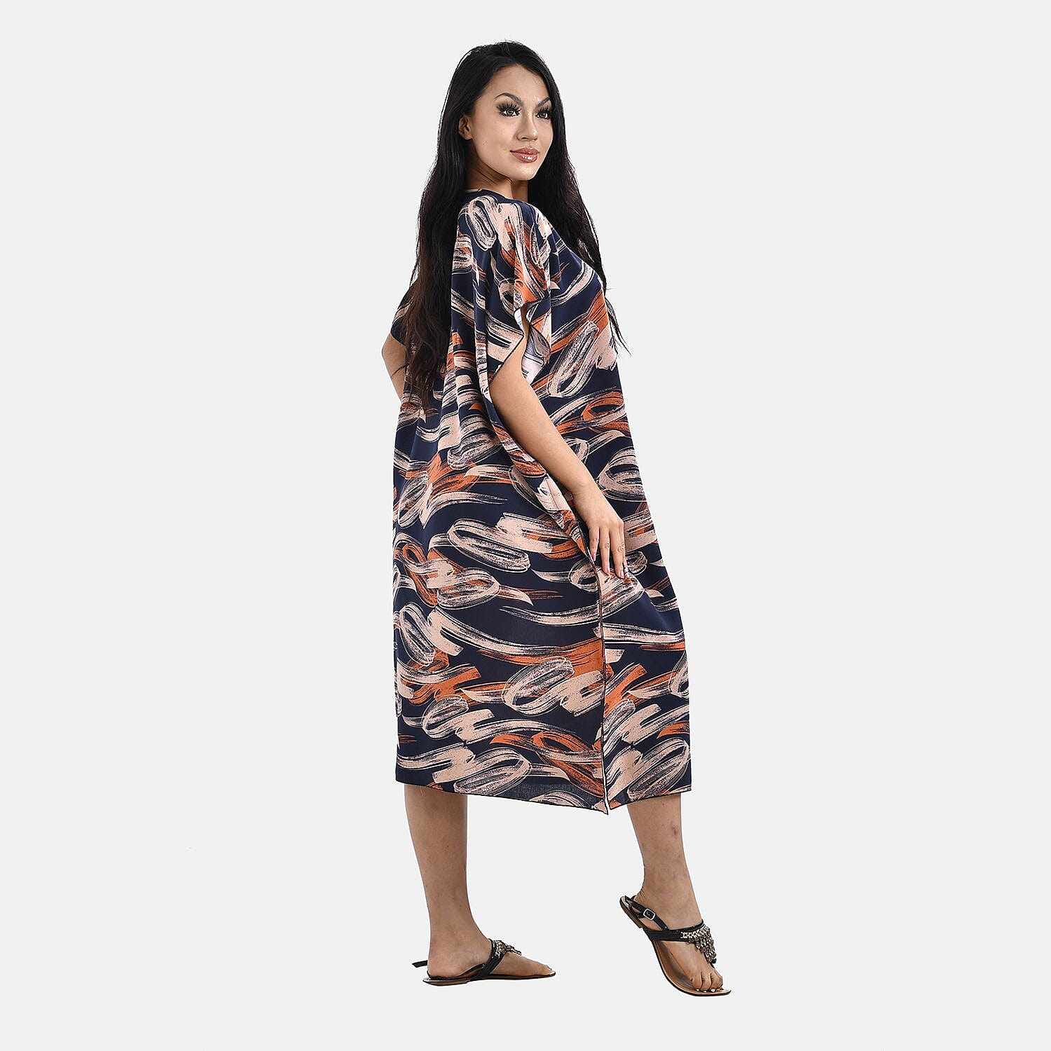 Closeout Deal 100% Viscose Printed Maxi Dress (One Size, 8-20)  - Navy and Camel