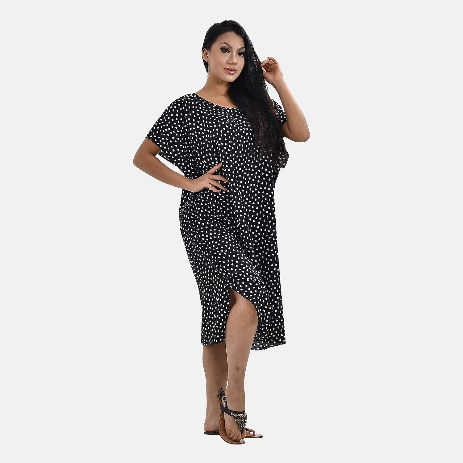 Closeout Deal 100% Viscose Dot Printed Maxi Kaftan Dress (One Size, 8-20) - Polka