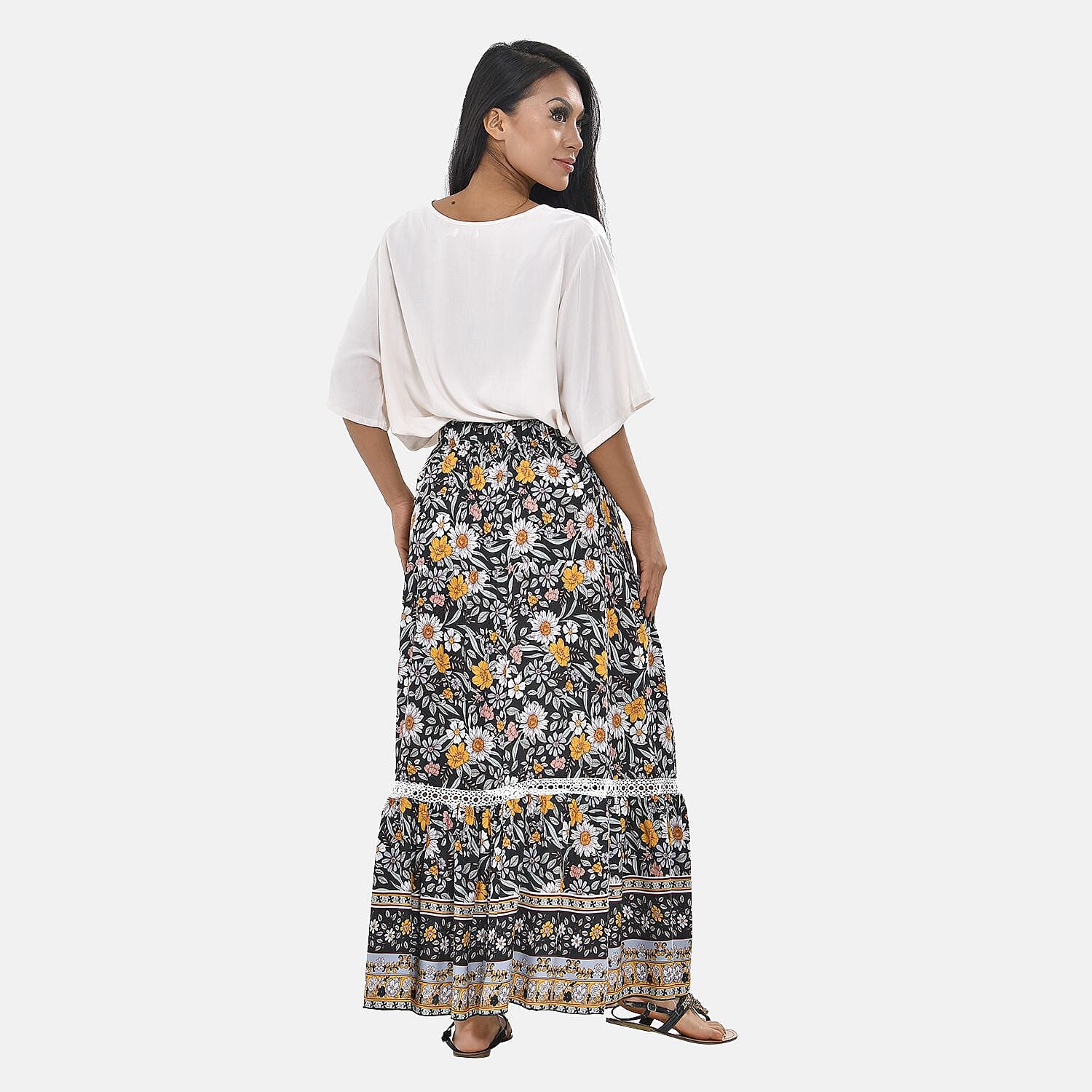 100% Viscose Close Out Print Maxi Skirts (One size ) - Black