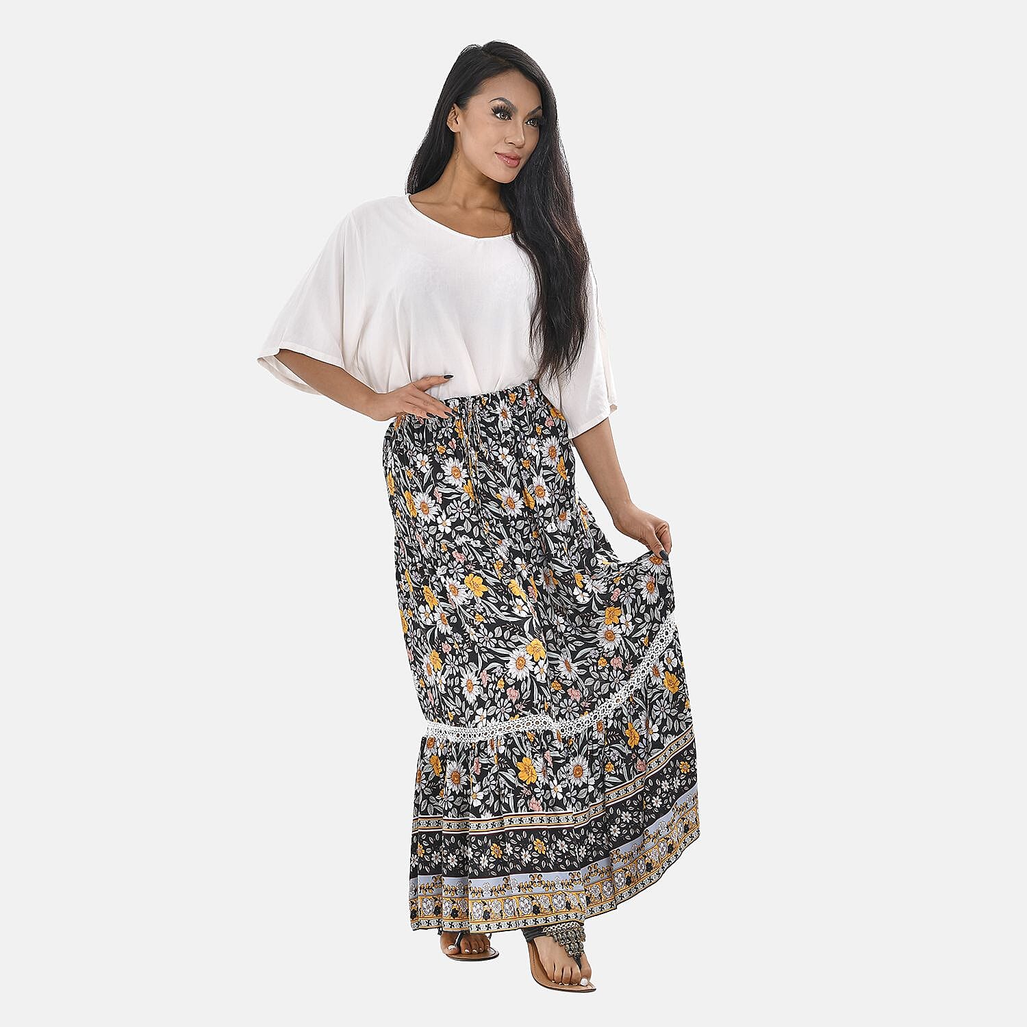 100% Viscose Close Out Print Maxi Skirts (One size ) - Black