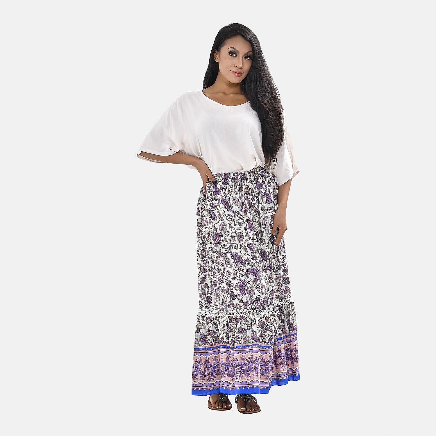 Close Out - 100% Viscose Paisley Print Maxi Skirts (One size - 8-18 ) - Light Mint, Purple and Pink