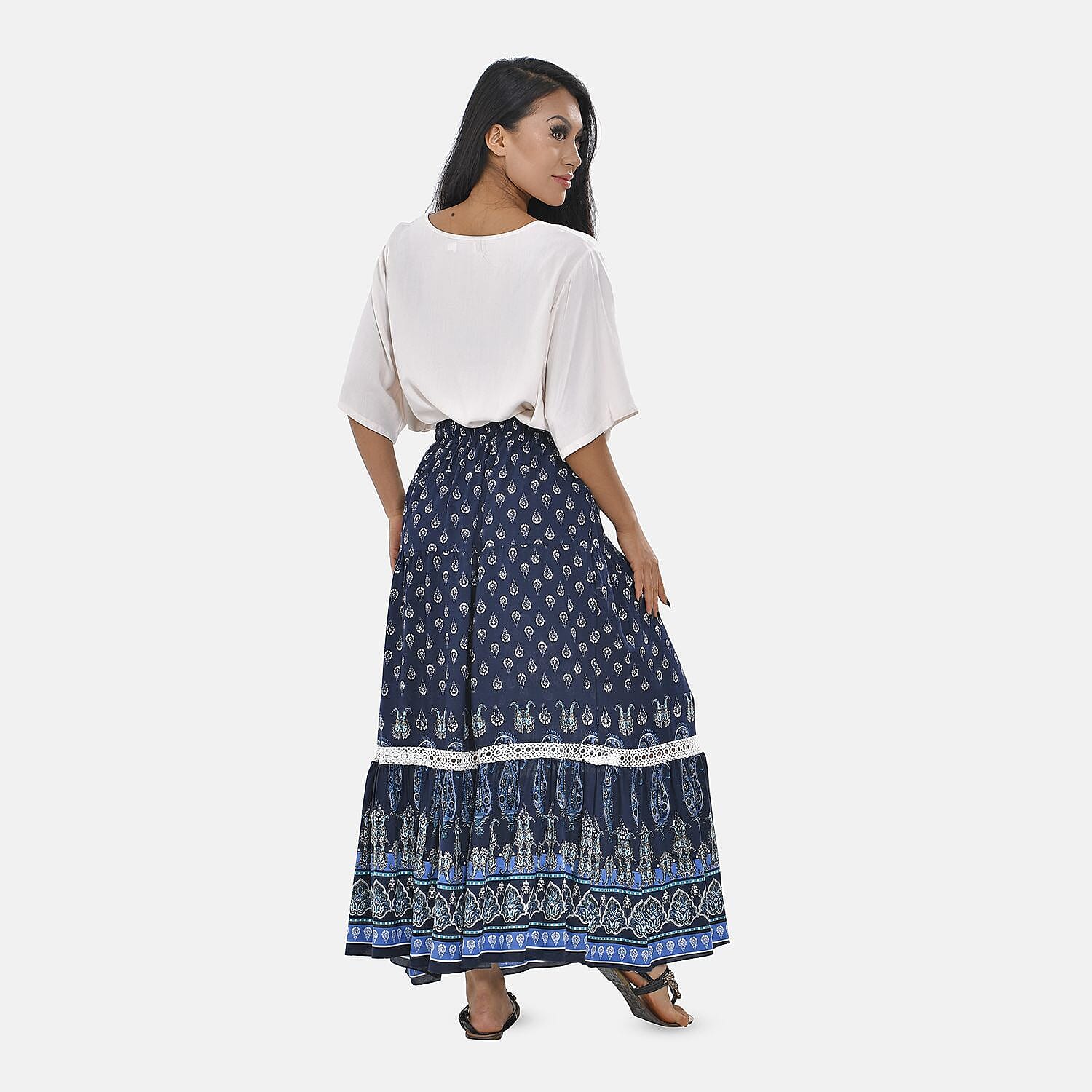 100% Viscose Close Out Print Maxi Skirts (One size 8-18 ) - Navy Blue