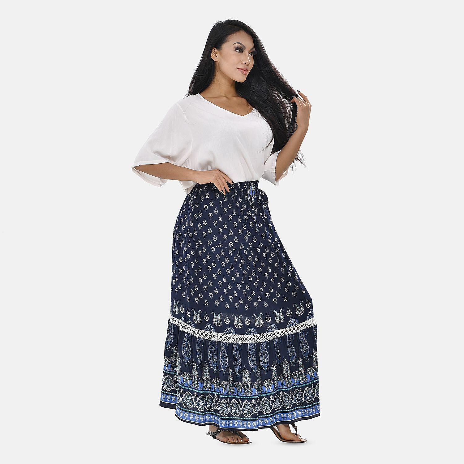 100% Viscose Close Out Print Maxi Skirts (One size 8-18 ) - Navy Blue