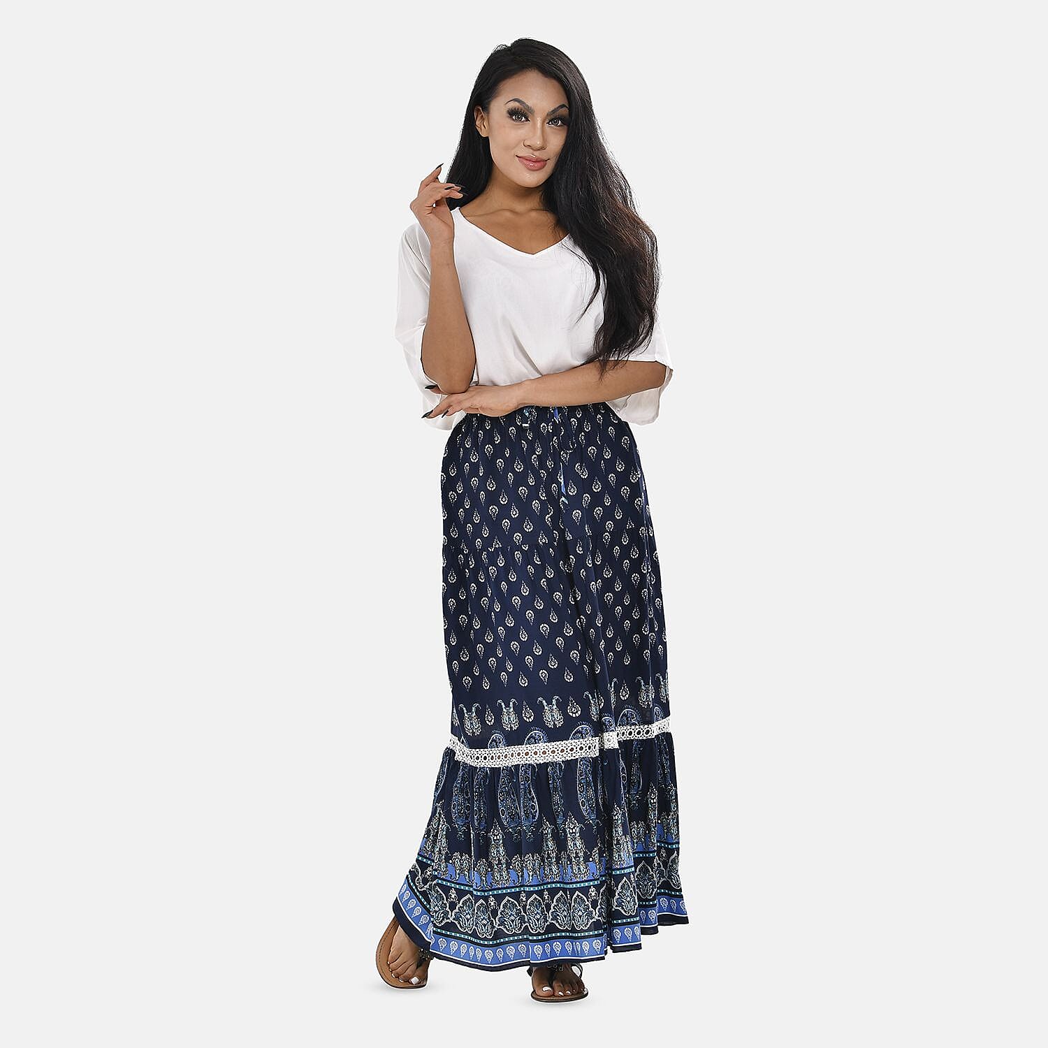 100% Viscose Close Out Print Maxi Skirts (One size 8-18 ) - Navy Blue