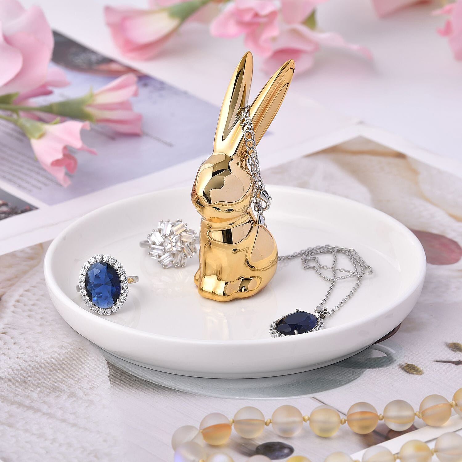 Rabbit Jewellery Organiser (Size 13x13x8 cm) - White Tray and Gold Body