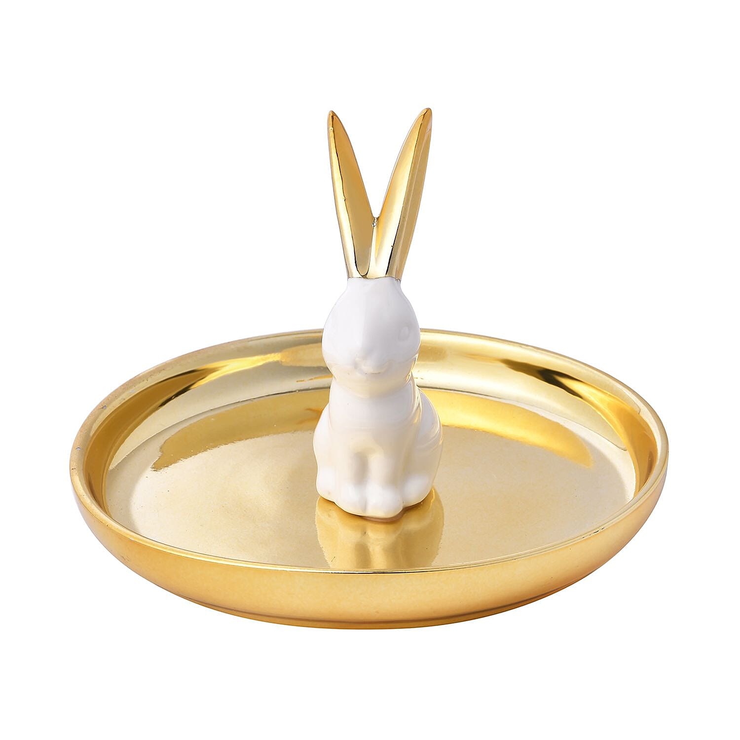 Rabbit Jewellery Organiser (Size 13x13x8 cm) - Gold Tray & White Body