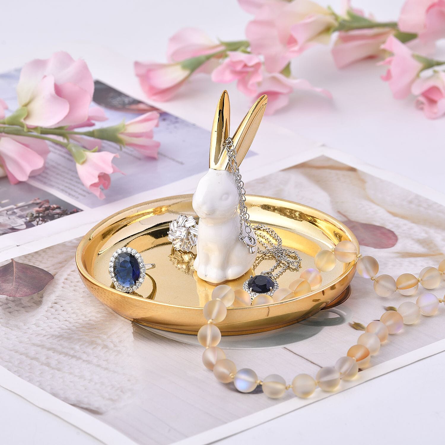 Rabbit Jewellery Organiser (Size 13x13x8 cm) - Gold Tray & White Body