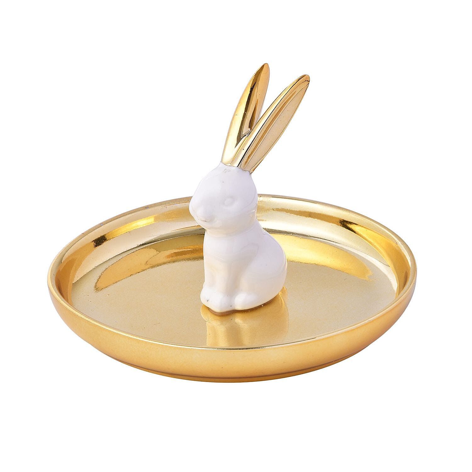 Rabbit Jewellery Organiser (Size 13x13x8 cm) - Gold Tray & White Body