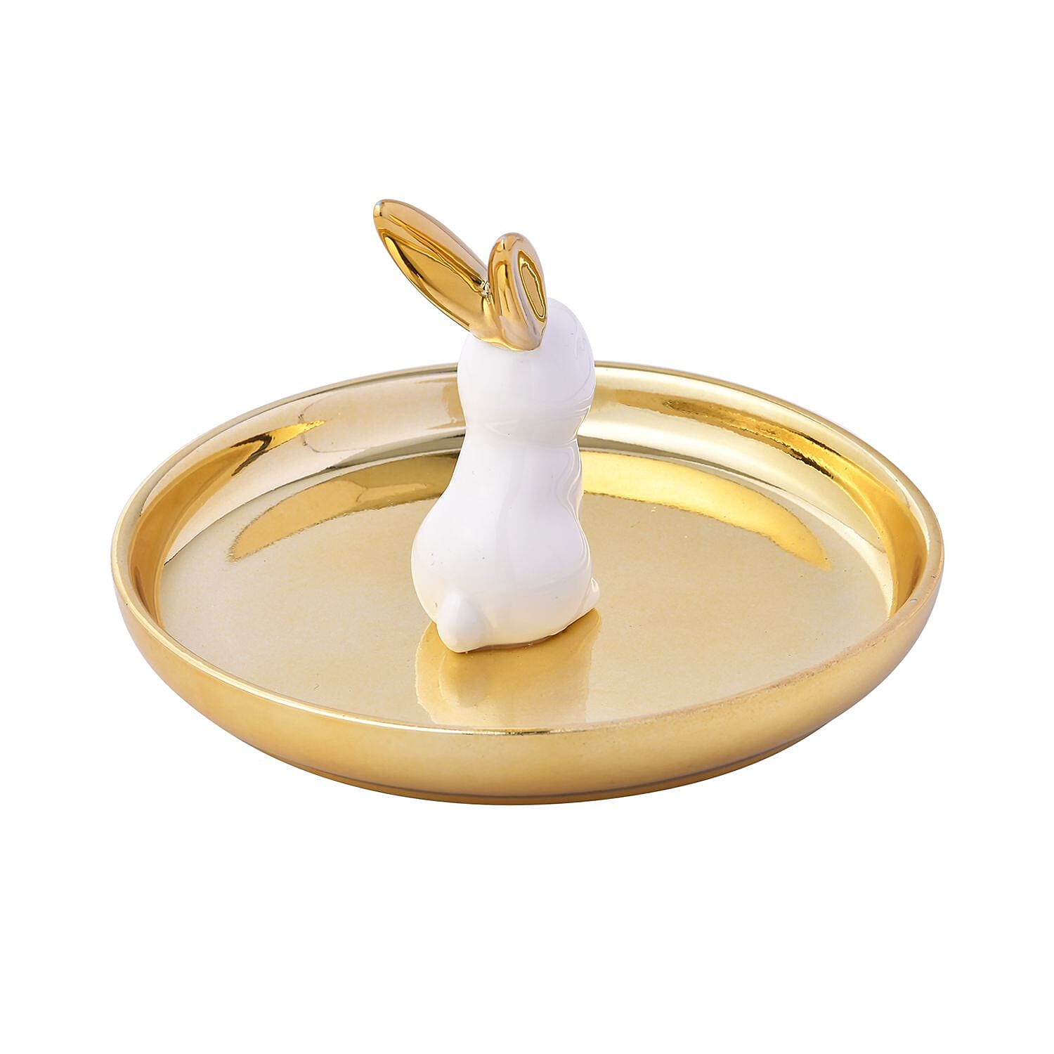 Rabbit Jewellery Organiser (Size 13x13x8 cm) - Gold Tray & White Body
