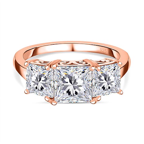 Moissanite 3 Stone Ring in 18K Rose Gold Vermeil Plated Sterling Silve 2.52 Ct.