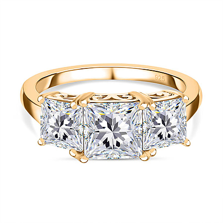 Moissanite 3 Stone Ring in 18K Yellow Gold Vermeil Plated Sterling Silve 2.52 Ct.